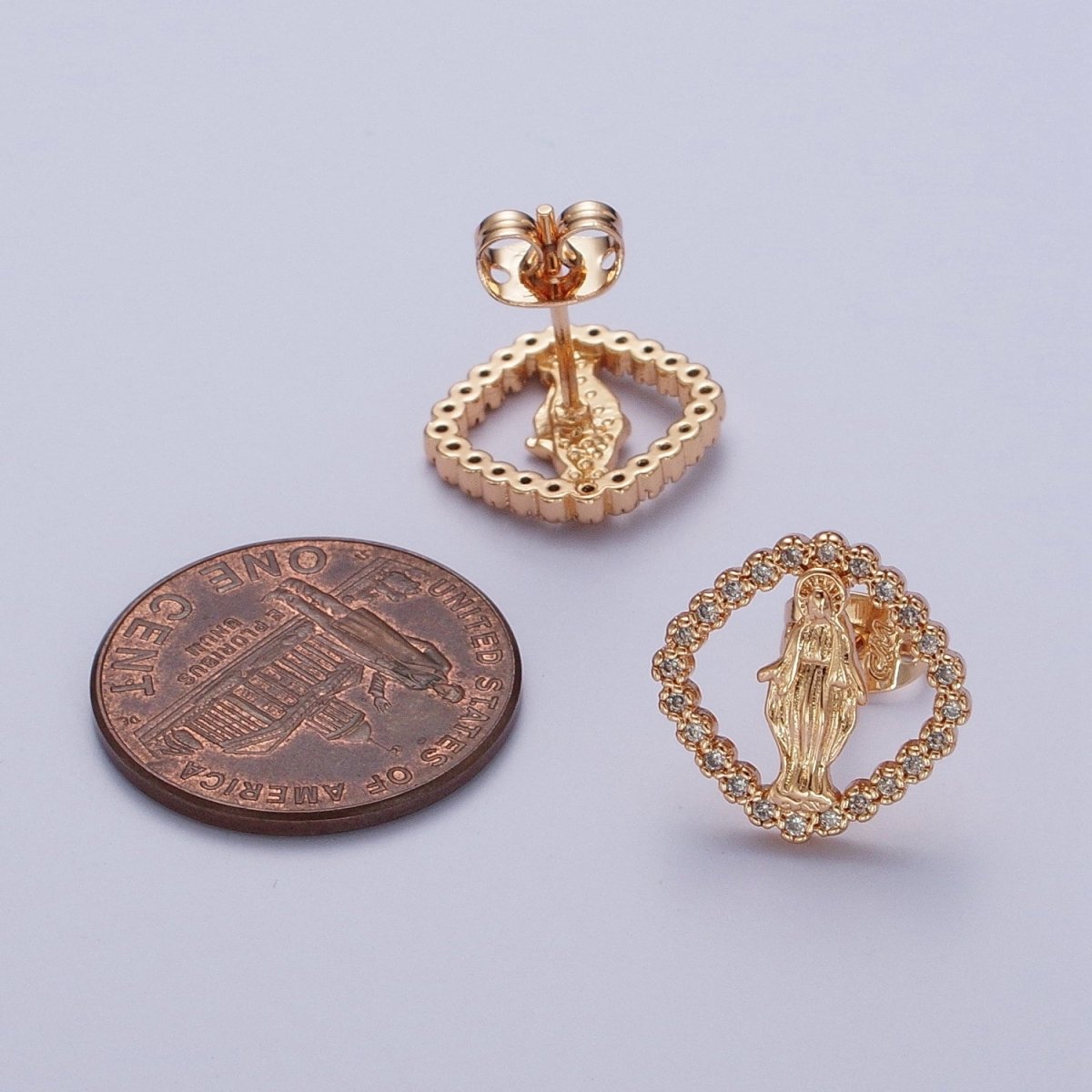 OS 18K Gold Rhombus Mother Virgin Mary Micro Paved Cubic Zirconia Religious Stud Earrings | AE-1051 - DLUXCA