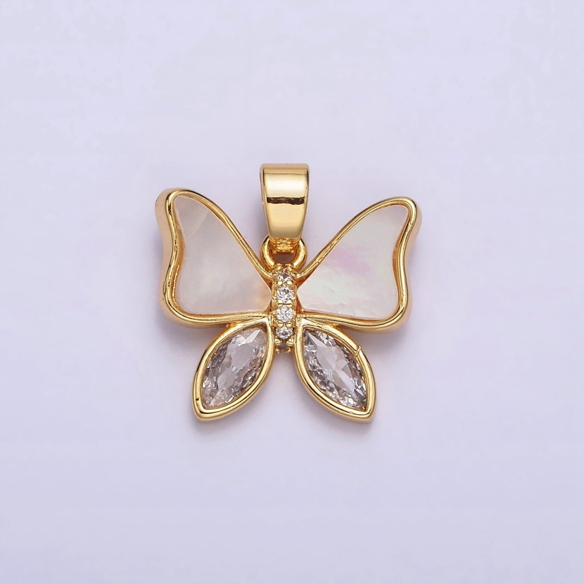 OS 24K Gold Filled Butterfly Shell Pearl Clear CZ Marquise Wings Pendant | AA586 - DLUXCA