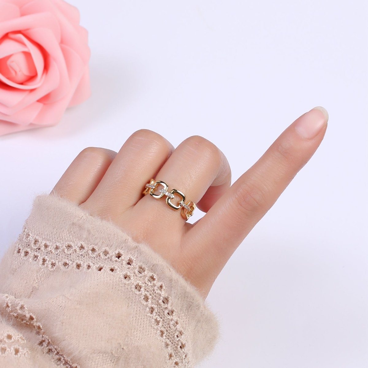 OS 24K Gold Filled Cable Paperclip Chain Link Ring, Dainty Micro Pave Cubic Zirconia CZ Ring S-347 - DLUXCA