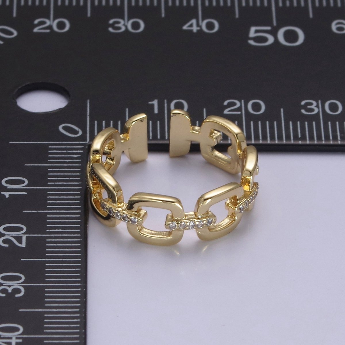 OS 24K Gold Filled Cable Paperclip Chain Link Ring, Dainty Micro Pave Cubic Zirconia CZ Ring S-347 - DLUXCA