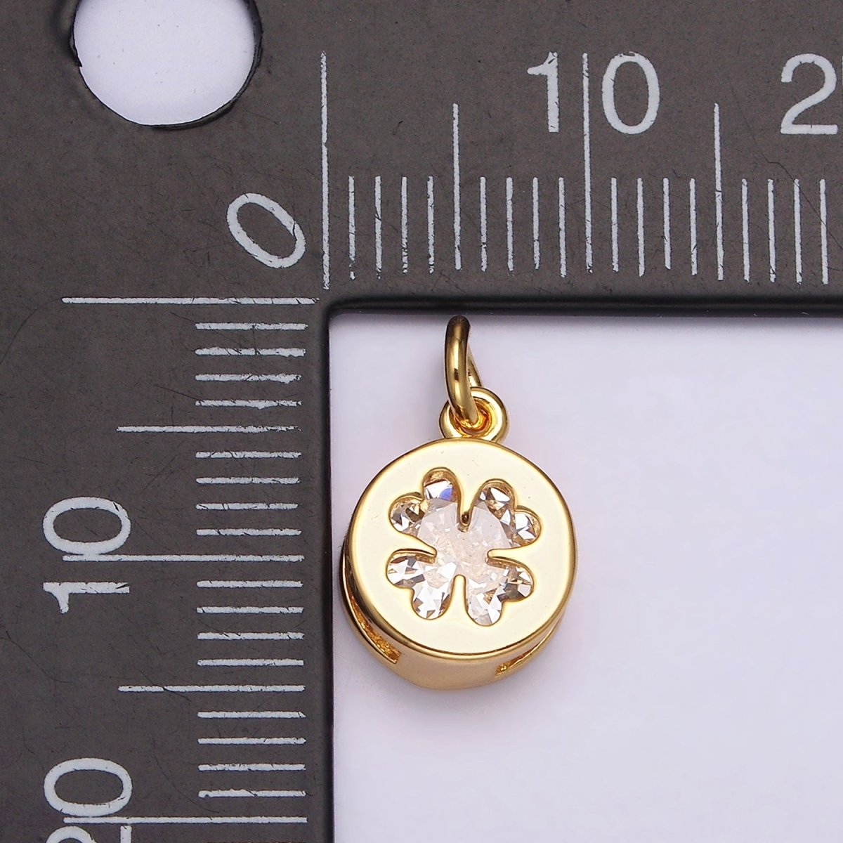 OS 24K Gold Filled Clear CZ Quatrefoil Clover Round Mini Add-On Charm | AC873 - DLUXCA