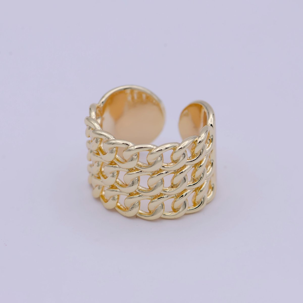 OS 24K Gold Filled Curb Chain Ring, Adjustable Triple Flat Curb Minimalist Golden Ring S-315 - DLUXCA