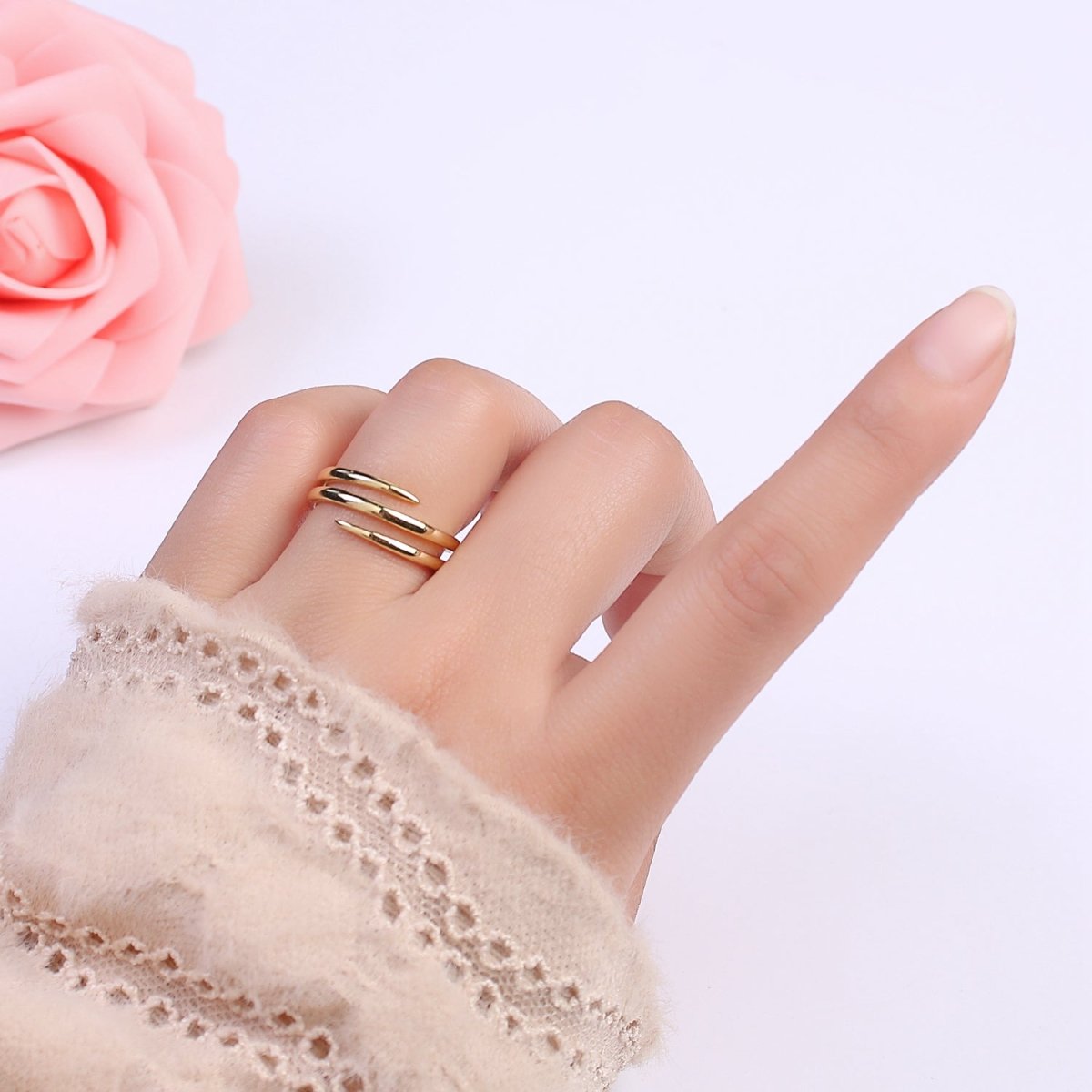 OS 24K Gold Filled Double Band Ring, Minimalist Three Layer Line Adjustable Open Gold Ring S-340 - DLUXCA