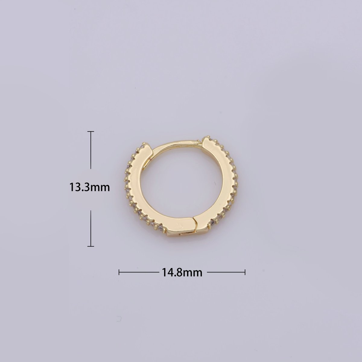 OS 24K Gold Filled Huggie Hoop Earrings, Crystal Cubic Zirconia CZ Encrusted on 14.8X13.3mm Hoops, Minimalist Modern 15mm Huggie Hoops | AE-804 - DLUXCA