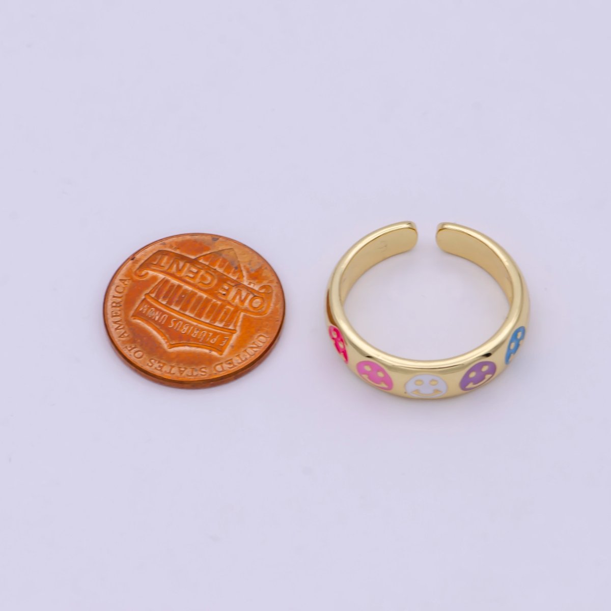 OS 24K Gold Filled Multicolor Enamel Smiley Face Adjustable Ring U-408 - DLUXCA