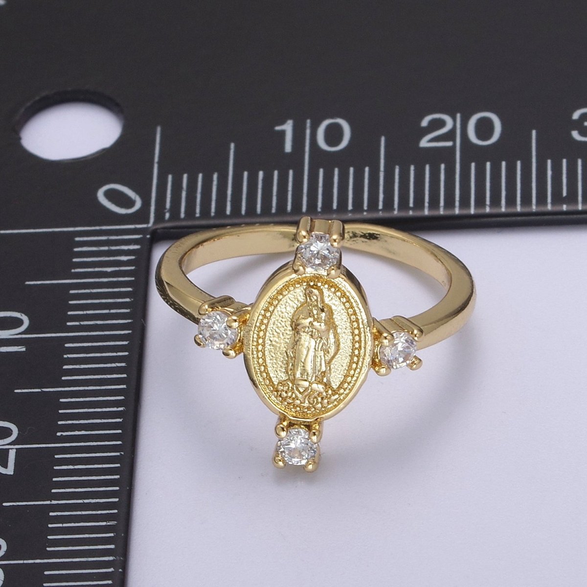 OS 24K Gold Filled Oval Lady Guadalupe Ring, Crystal Zirconia CZ Adjustable Stacking Ring, Gift For Her | U-469 - DLUXCA