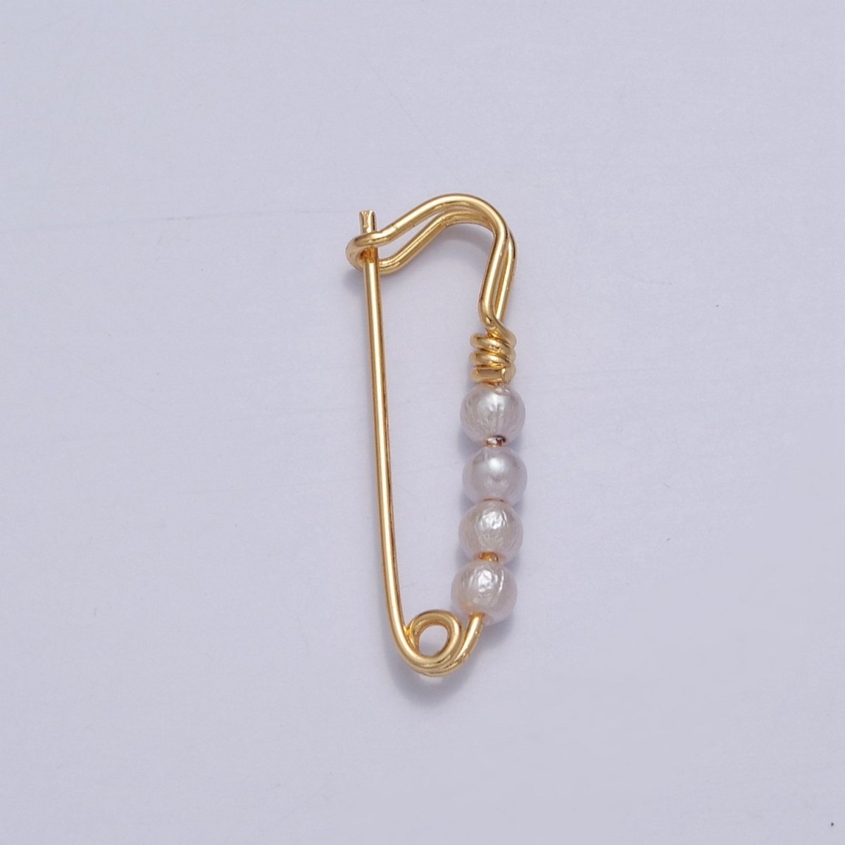 OS 24K Gold Filled Over Brass Safety Pin Pendant with 4 Pearls 23x8mm L-746 - DLUXCA