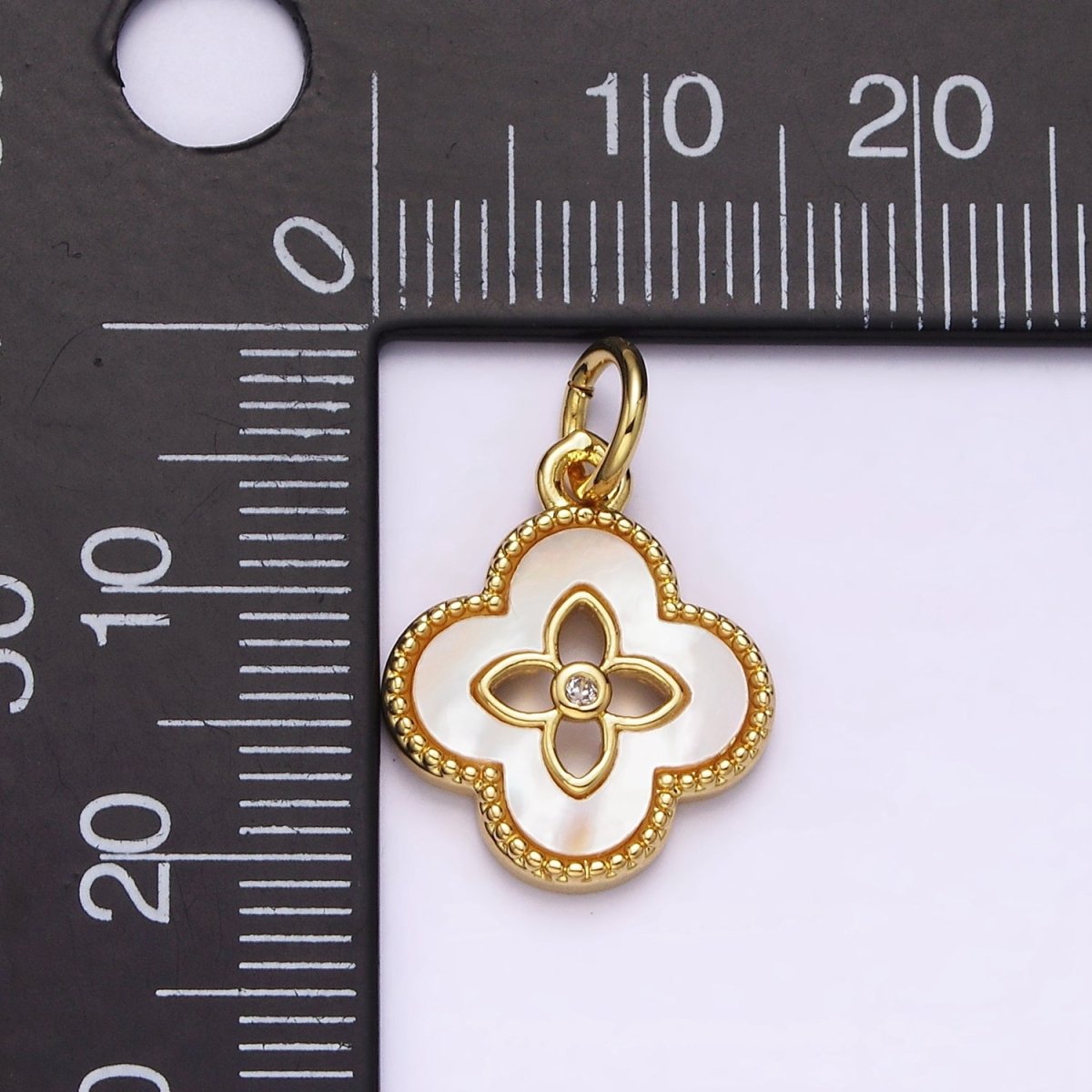 OS 24K Gold Filled Shell Pearl Quatrefoil Open Flower CZ Beaded Charm | AC1424 - DLUXCA