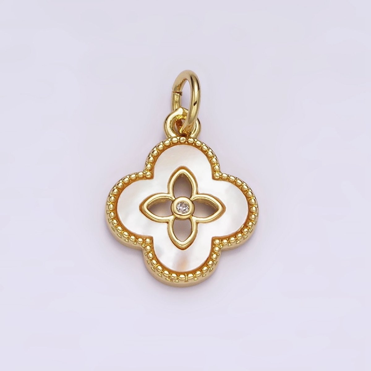 OS 24K Gold Filled Shell Pearl Quatrefoil Open Flower CZ Beaded Charm | AC1424 - DLUXCA