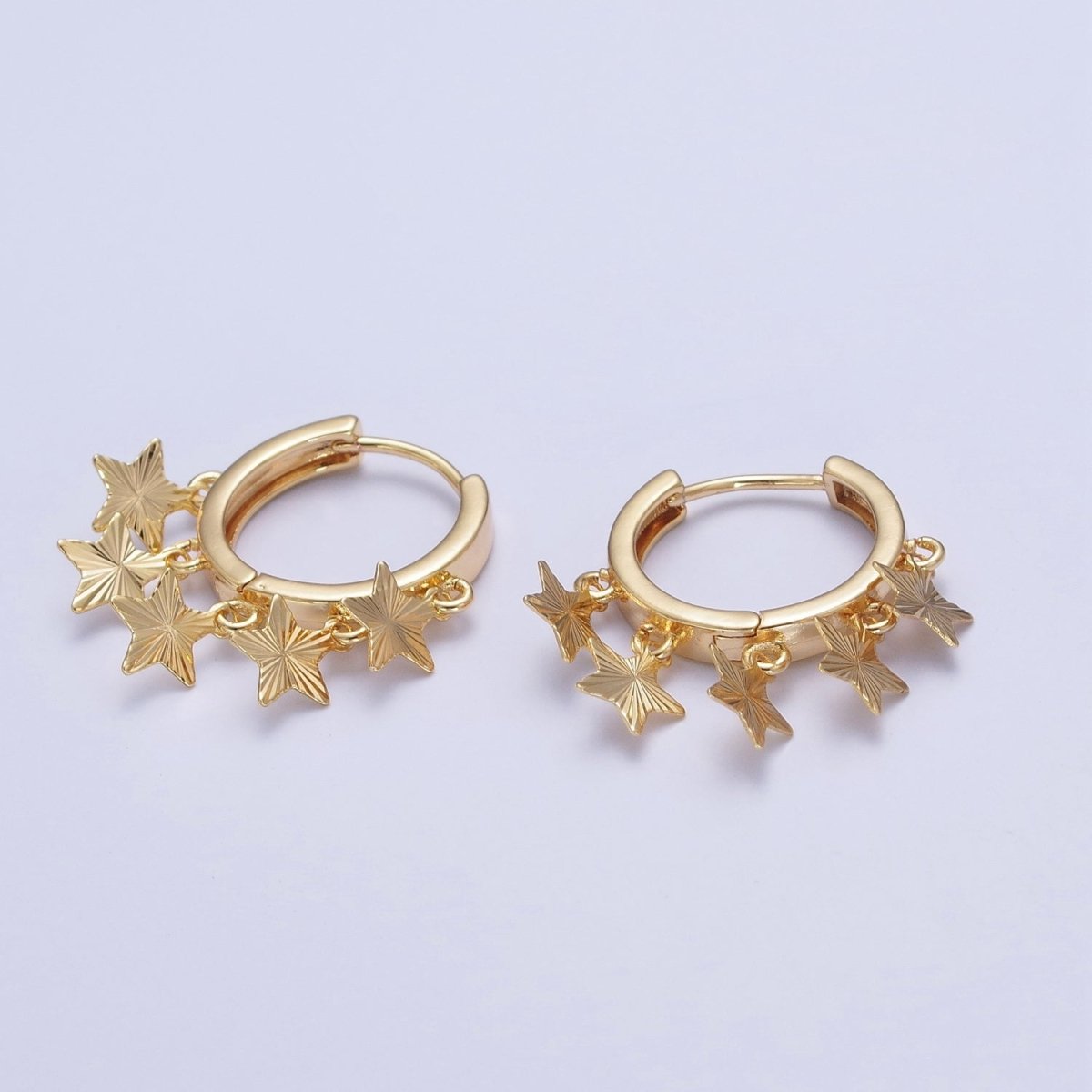 OS 24K Gold Filled Starburst Celestial Star Charm Dangle Drop Minimalist Huggie Hoop Earrings | T-179 - DLUXCA