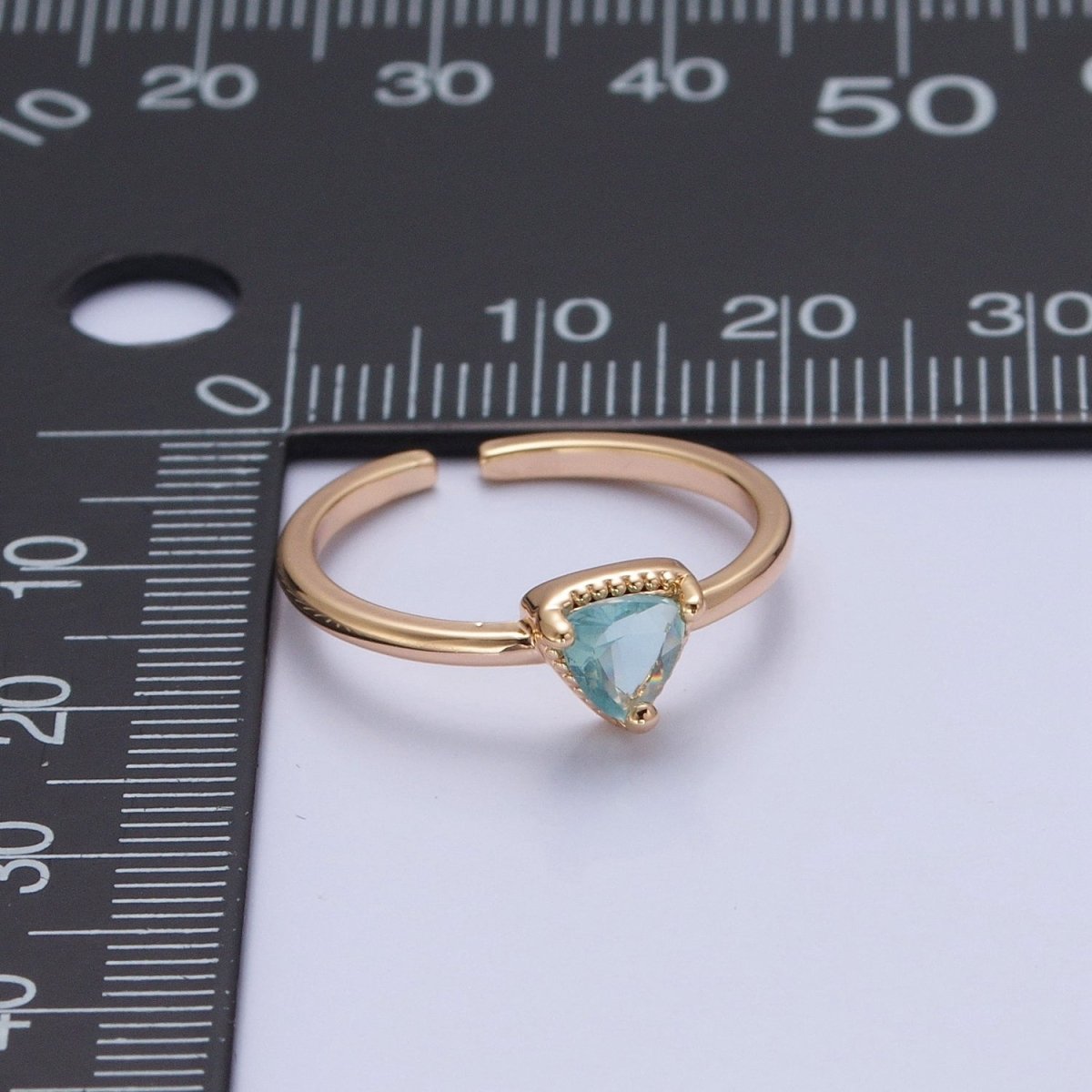 OS Aquamarine March Ring Triangle CZ Ring Open Adjustable Ring O-742 - DLUXCA