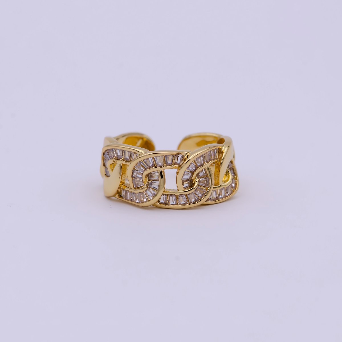 OS Chunky Crystal Zirconia CZ Curb Link Chain Ring, Adjustable 24K Gold Filled Statement Ring | U-389 - DLUXCA