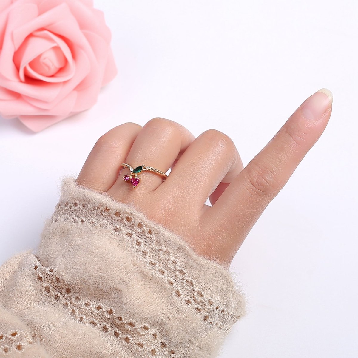 OS Dainty Cherry Ring Open Adjustable Fruit Jewelry O-2189 - DLUXCA