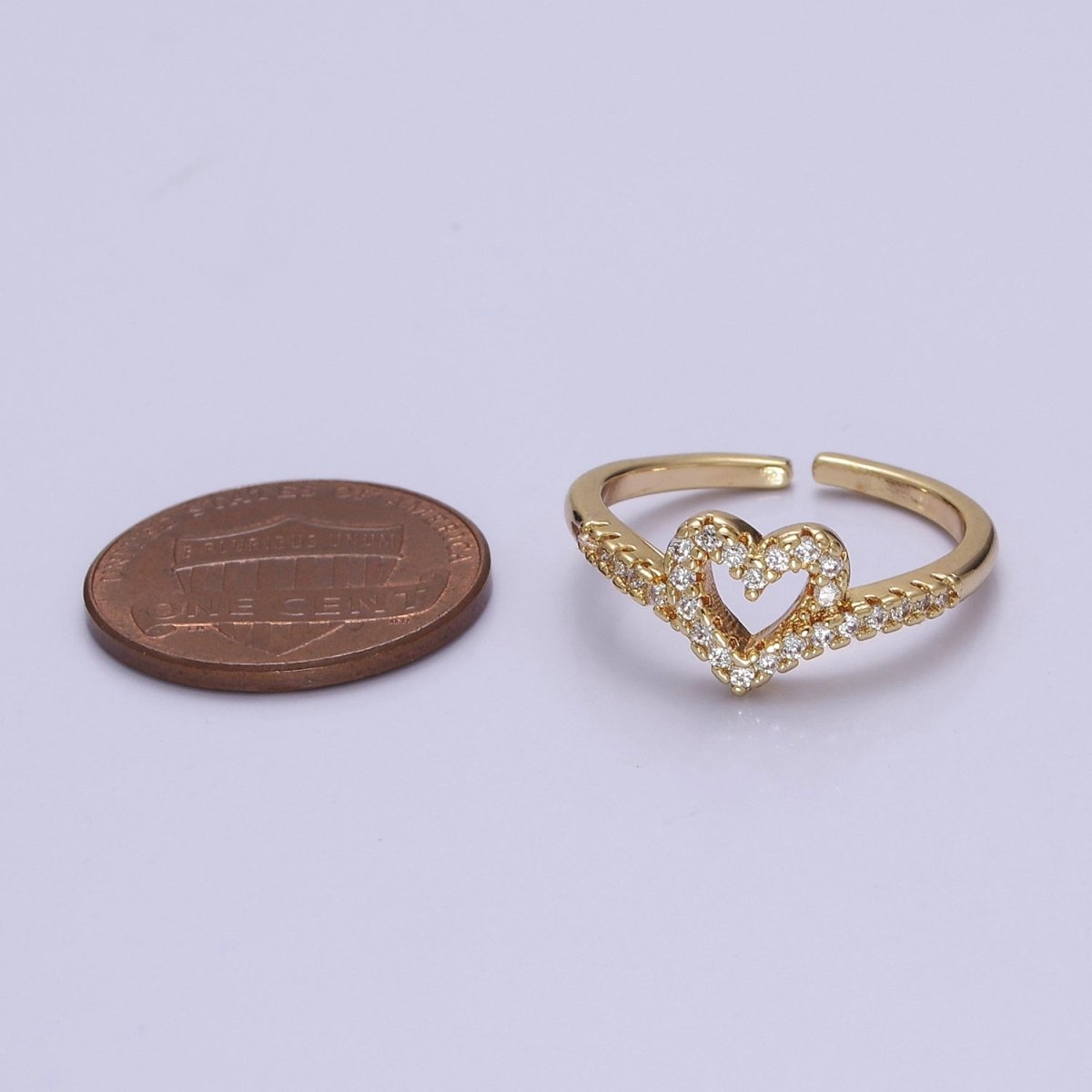 OS Dainty Heart Ring Open Adjustable Gold Filled V Band Ring with CZ Stone For Minimalist Jewelry O-2072 - DLUXCA