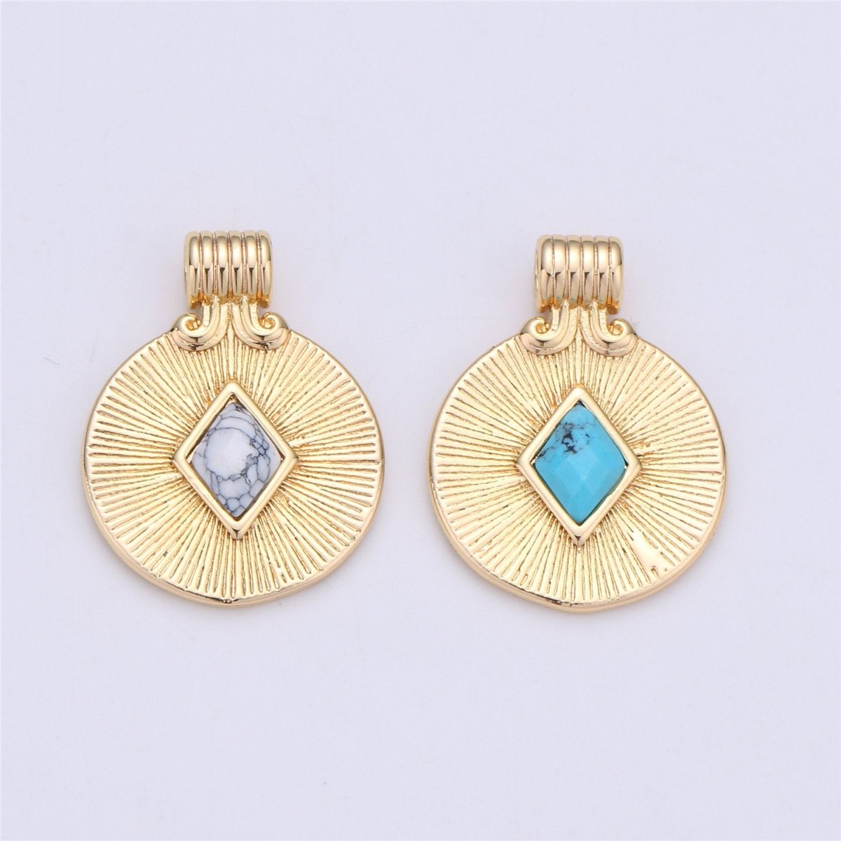 OS Dainty Medallion Pendant - 18K Gold Filled Rhombus Howlite Turquoise Stone Round Disc Charm Necklace Pendant C-742 - DLUXCA