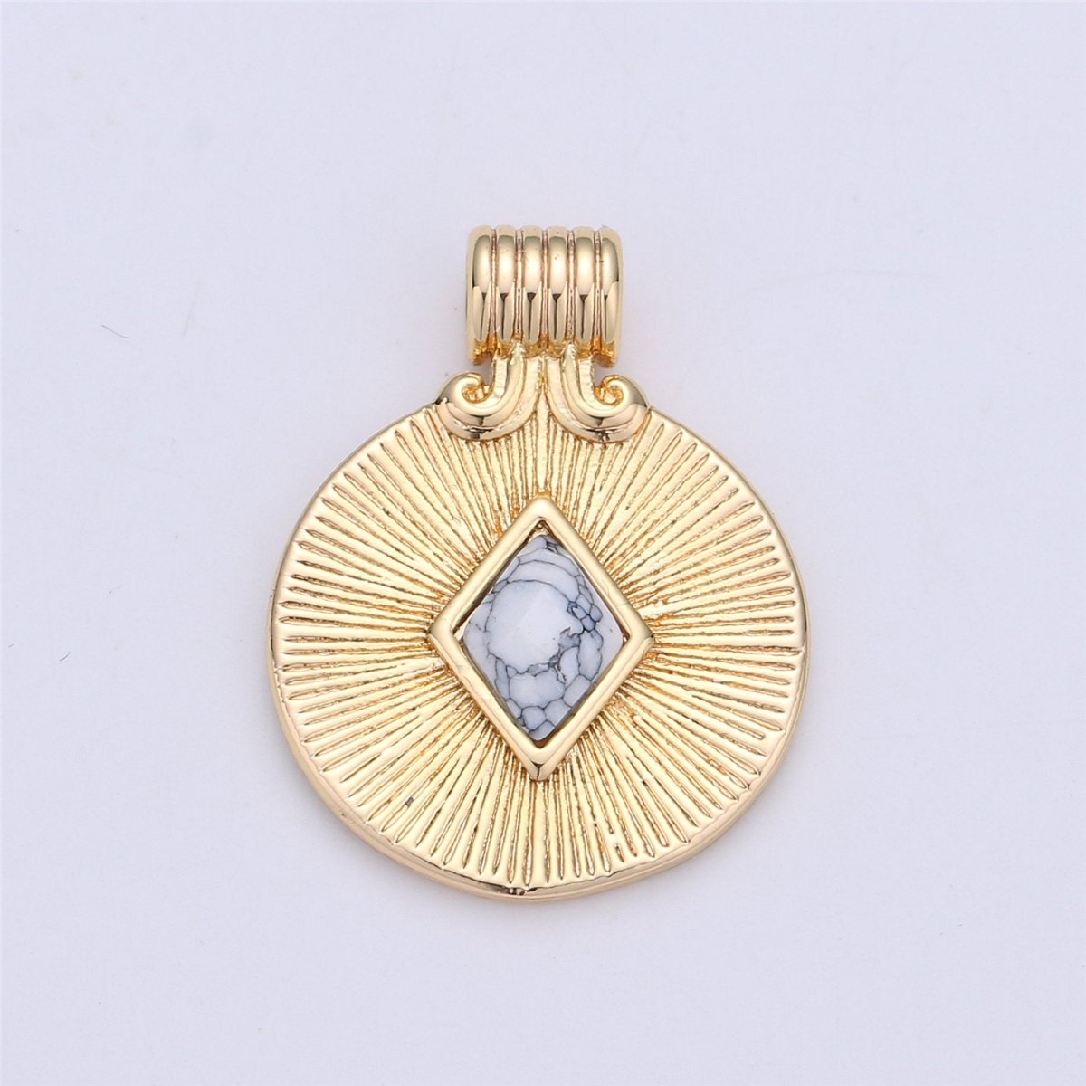 OS Dainty Medallion Pendant - 18K Gold Filled Rhombus Howlite Turquoise Stone Round Disc Charm Necklace Pendant C-742 - DLUXCA