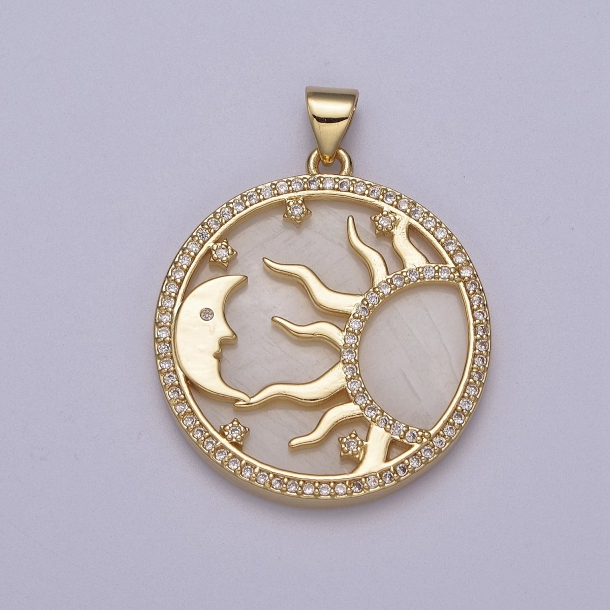 OS Dainty Pearl Gold Good Morning Charm with Cubic Zirconia Star Moon Sun Ray Pendant J-420 - DLUXCA