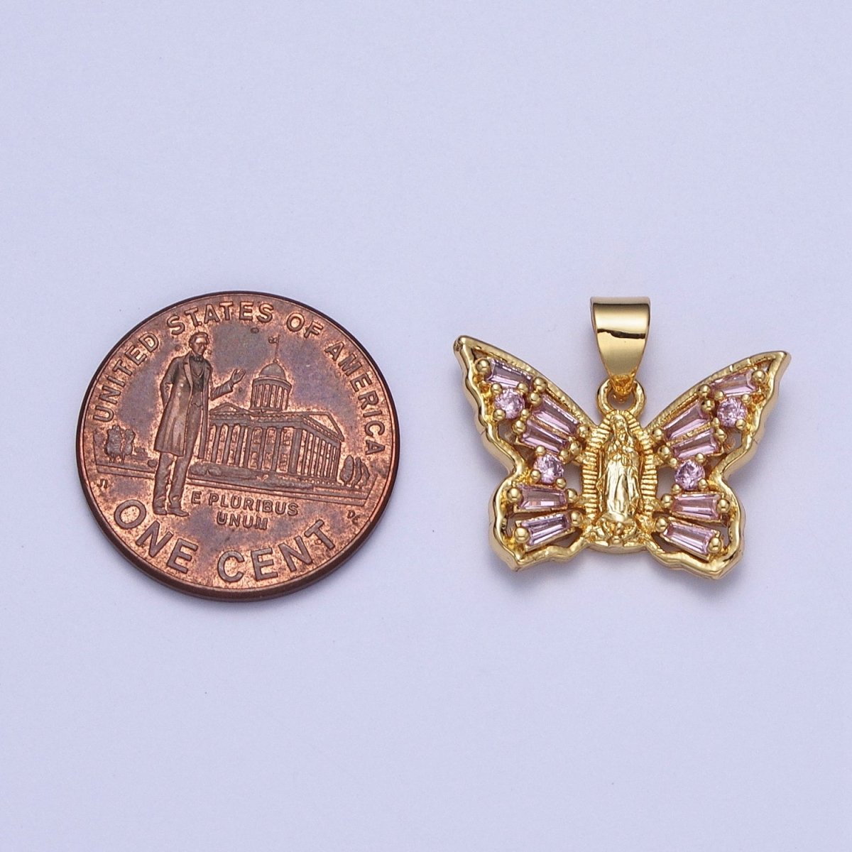 OS Dainty Pink Butterfly Charm with Lady Guadalupe Center Virgin Mary Pendant for Necklace X-399 - DLUXCA