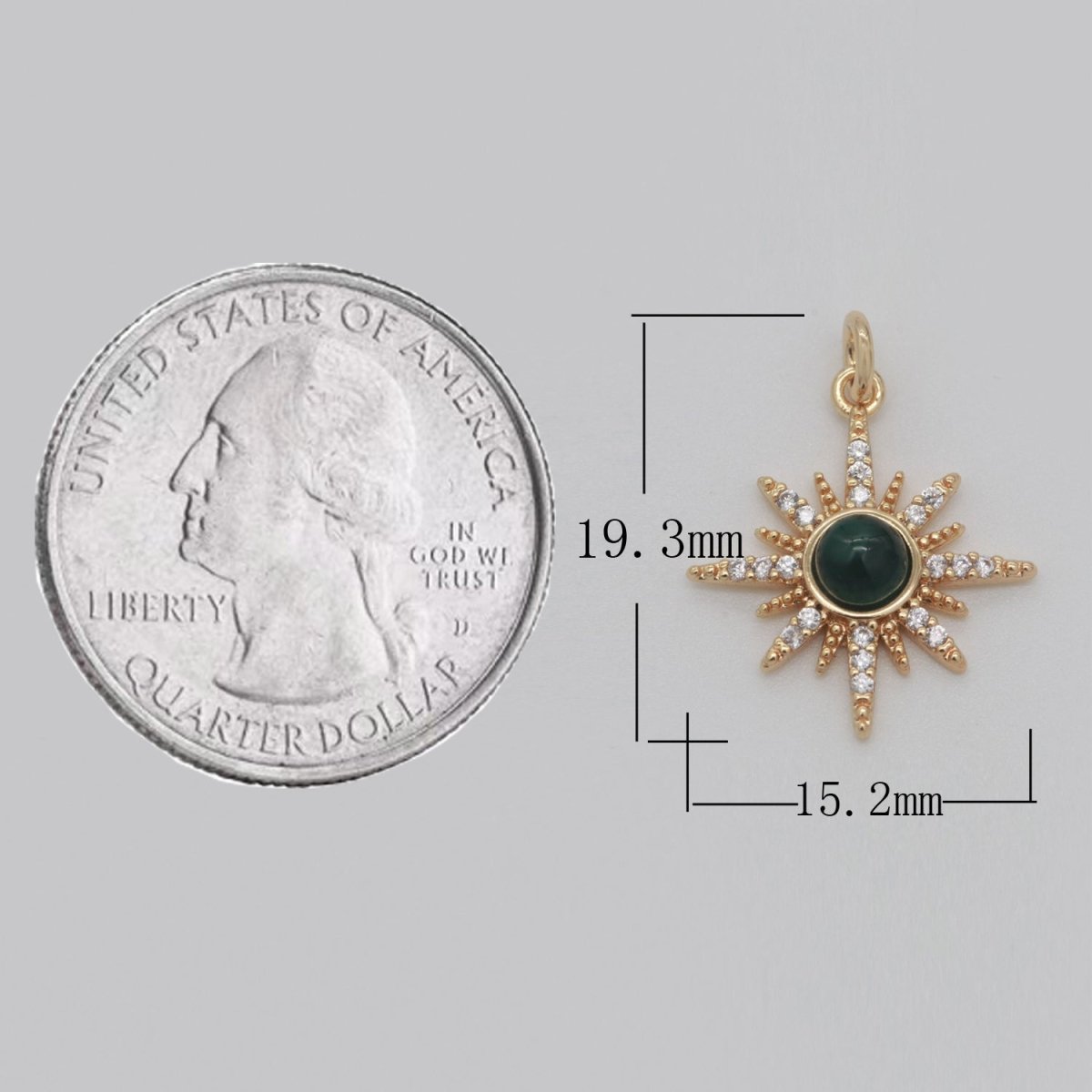 OS DEL-Dainty 18K Gold Filled Star Burst Charm Green CZ Round Star Medallion Pendant, 19.5x15.5mm, Micro Pave Gold Sun Celestial Jewelry | CL-M753 - DLUXCA