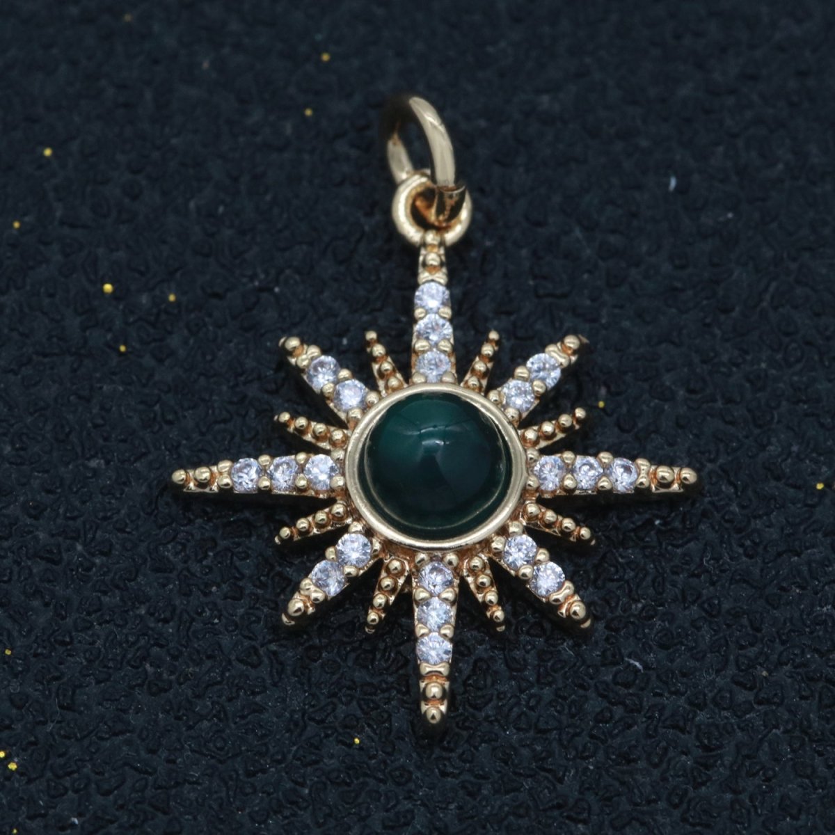 OS DEL-Dainty 18K Gold Filled Star Burst Charm Green CZ Round Star Medallion Pendant, 19.5x15.5mm, Micro Pave Gold Sun Celestial Jewelry | CL-M753 - DLUXCA