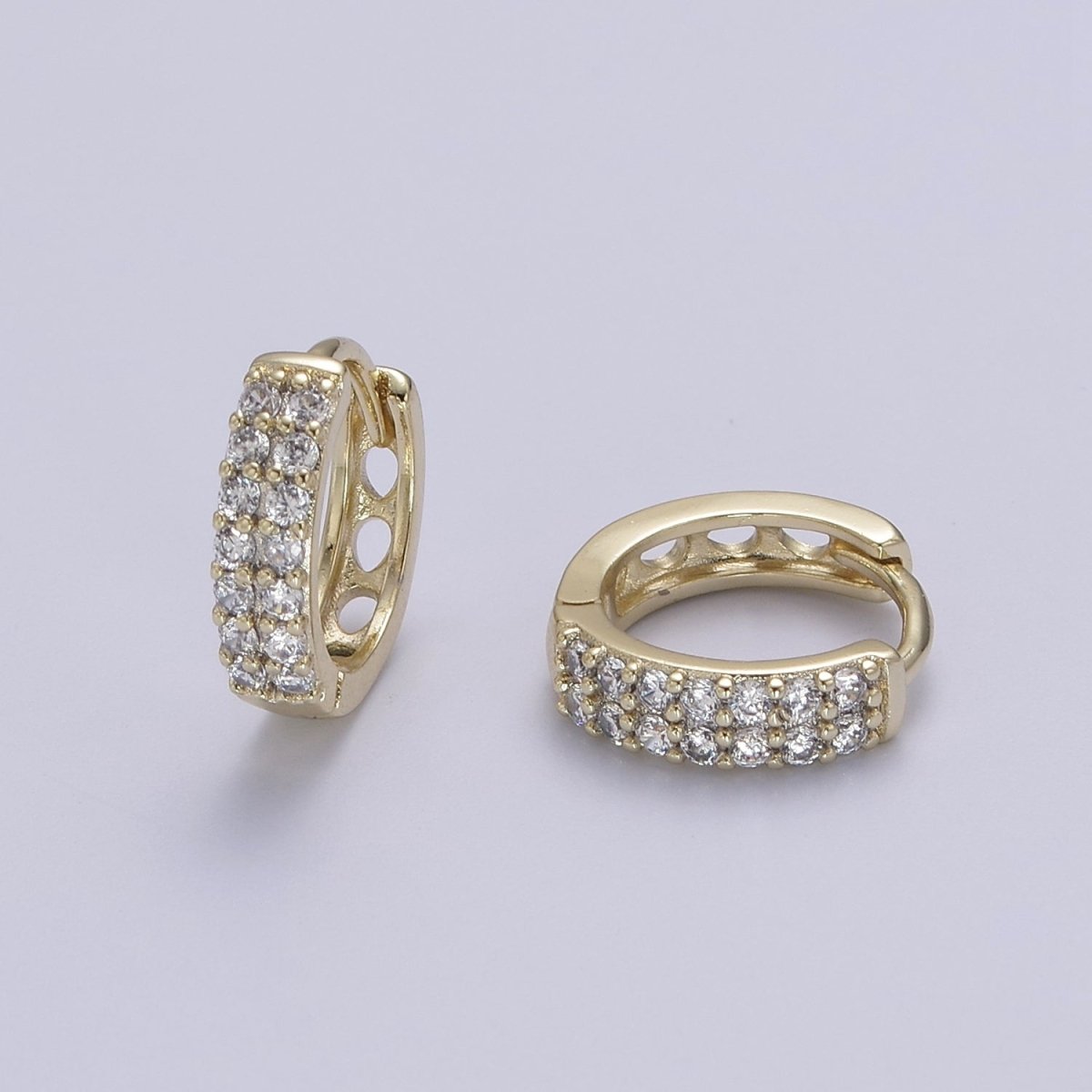 OS Double Pave Gold Huggie Earrings, Thick Huggie 2 Lines CZ Diamond Hoop Earrings V-150 - DLUXCA