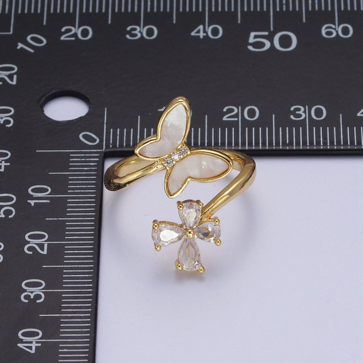 OS Double Shell Pearl & Clear CZ Mariposa Butterfly Open Adjustable Gold Ring | Y-442 - DLUXCA