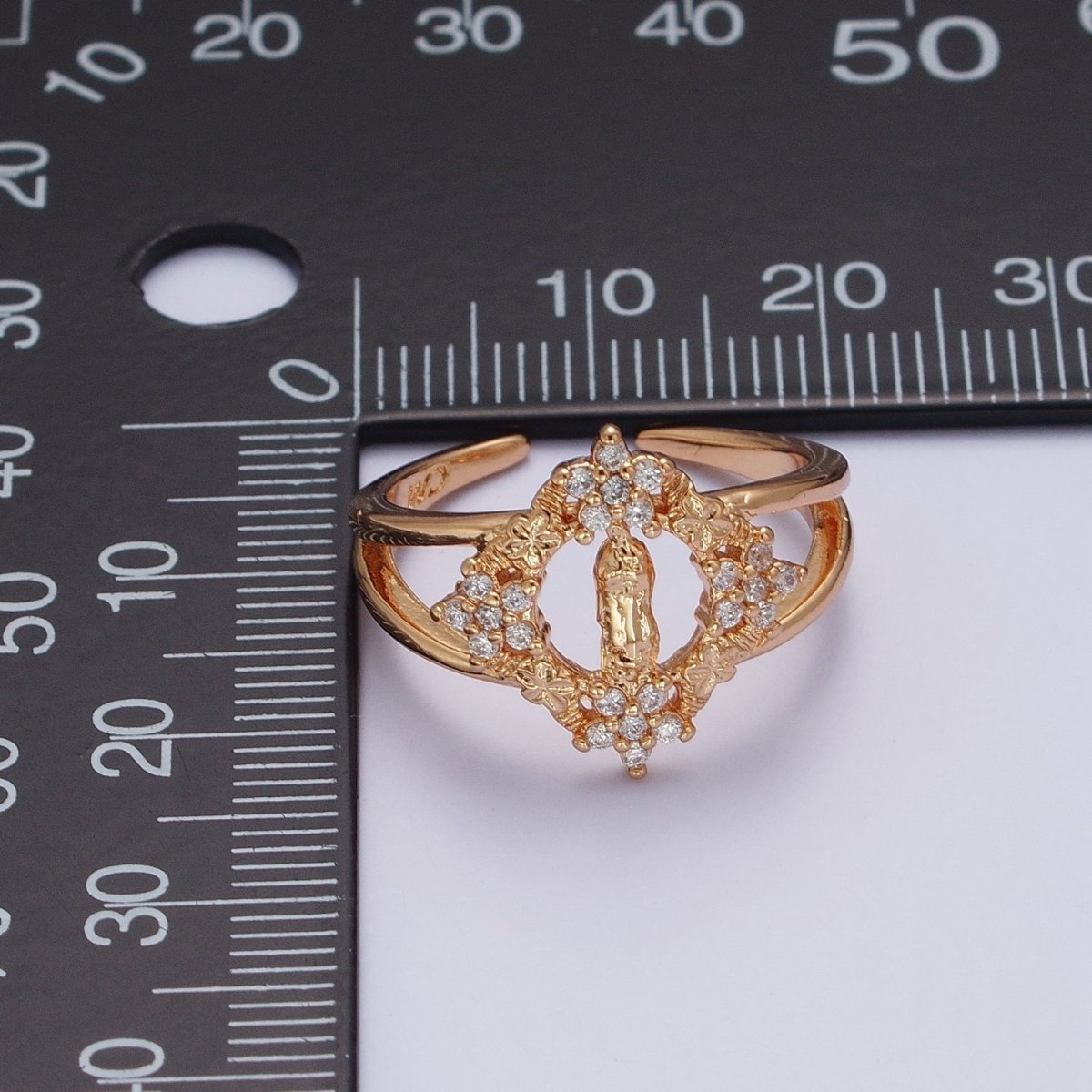 OS Gold Double Band Religious Mother Virgin Mary Flowers Cubic Zirconia CZ Adjustable Ring | O-1990 - DLUXCA
