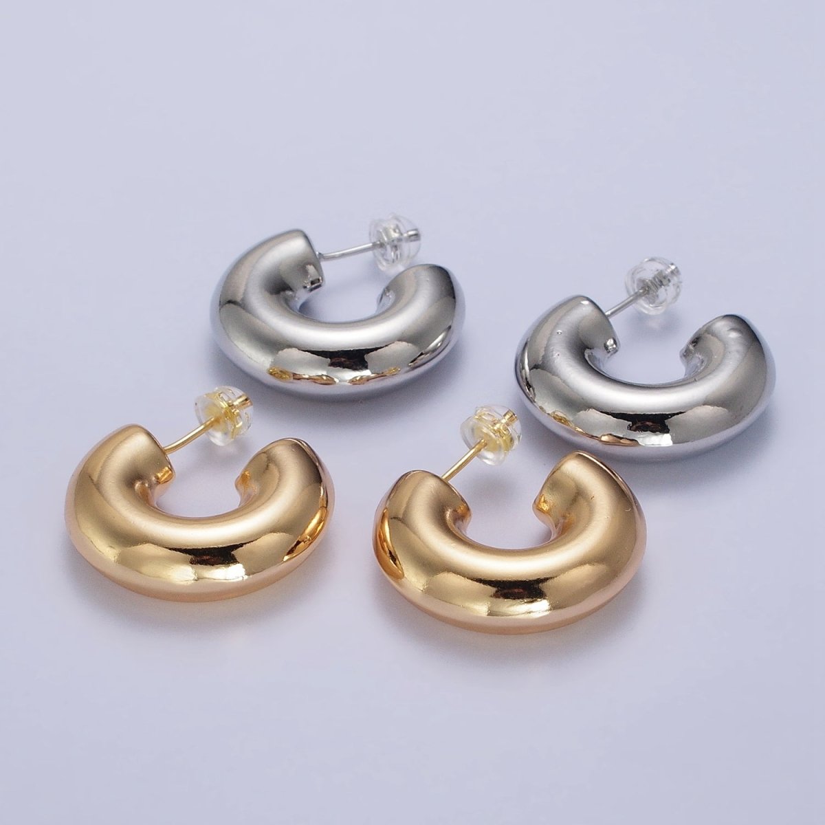 OS Gold Filled Edged Wide Chubby Geometric C-Shaped Hoop Earrings in Gold & Silver | AB342 AB343 - DLUXCA
