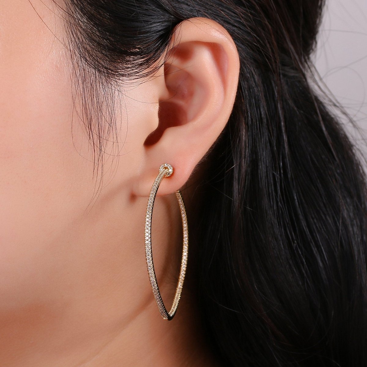 OS Gold Filled Minimalist Front-Facing Micro Paved CZ 55mm Hoop Earrings in Gold & Silver Q-116 Q-117 - DLUXCA