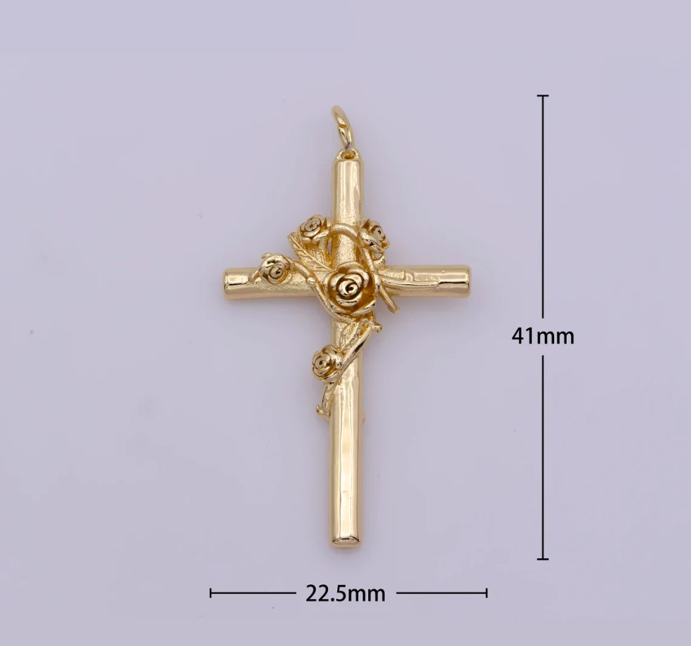 OS Gold Filled Religious Cross with Roses Vines Charm For Jewelry Making E-489 - DLUXCA