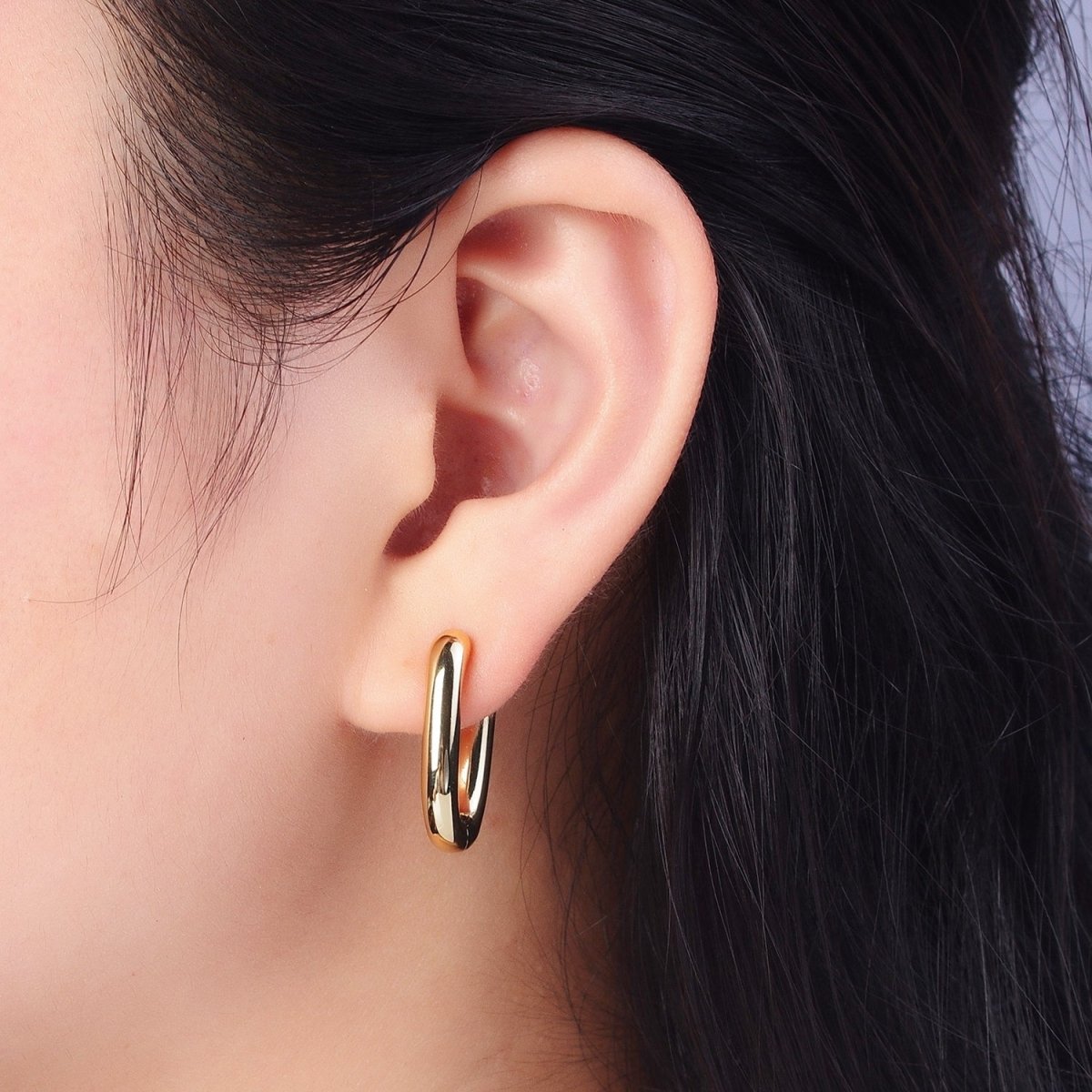 OS Gold Oblong Chunky Rectangle Earring, Rectangle Oval Shape Earrings, Minimalist Hoop Earring Hypoallergenic Y-010 - DLUXCA