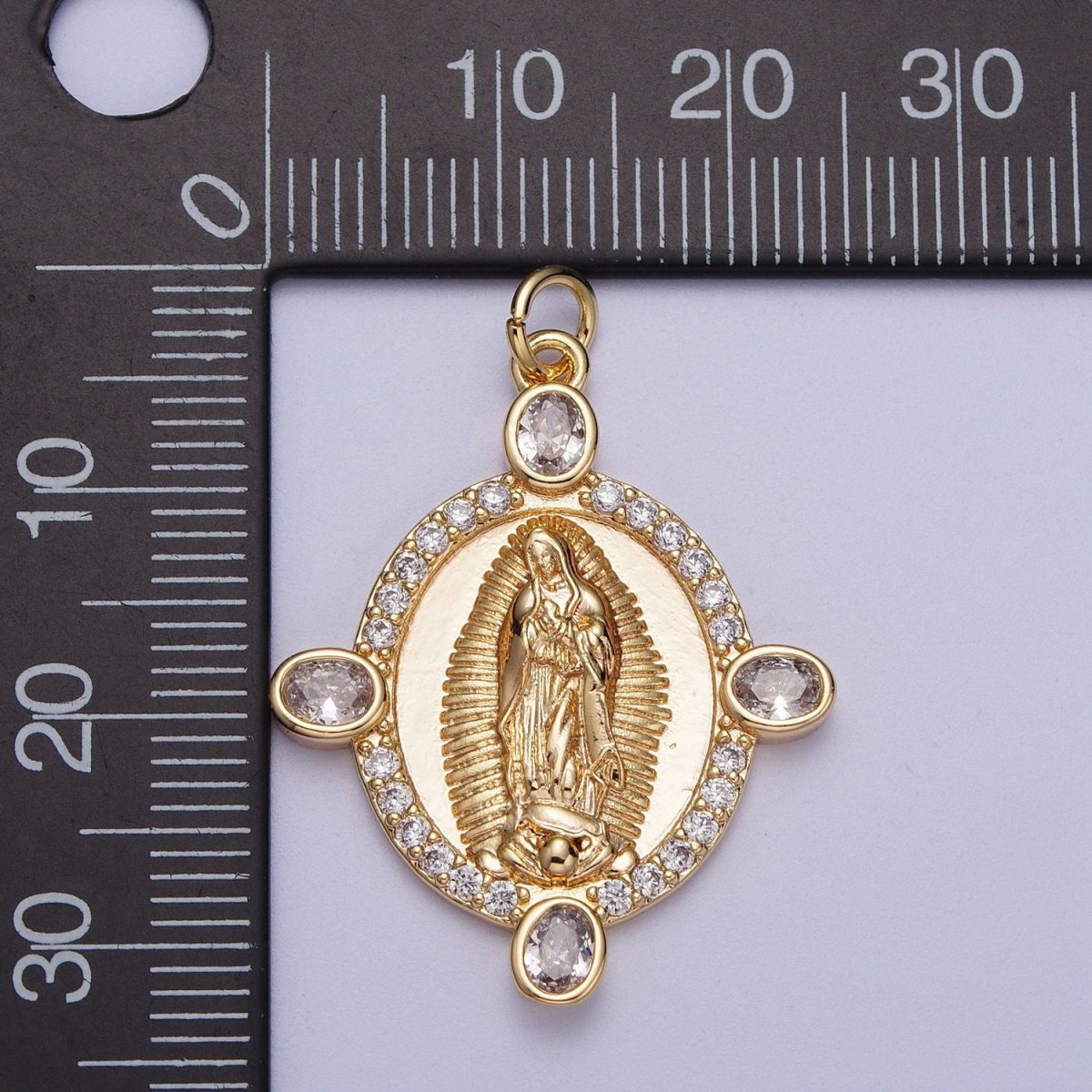 OS Gold Oval Medallion Lady Guadalupe Charm Micro Pave Virgin Mary Charm for Religious Catholic Jewelry Supply | X-779 - DLUXCA