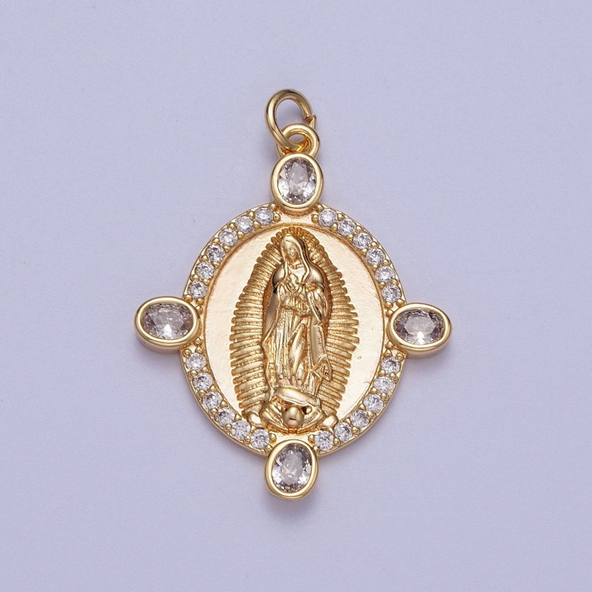 OS Gold Oval Medallion Lady Guadalupe Charm Micro Pave Virgin Mary Charm for Religious Catholic Jewelry Supply | X-779 - DLUXCA