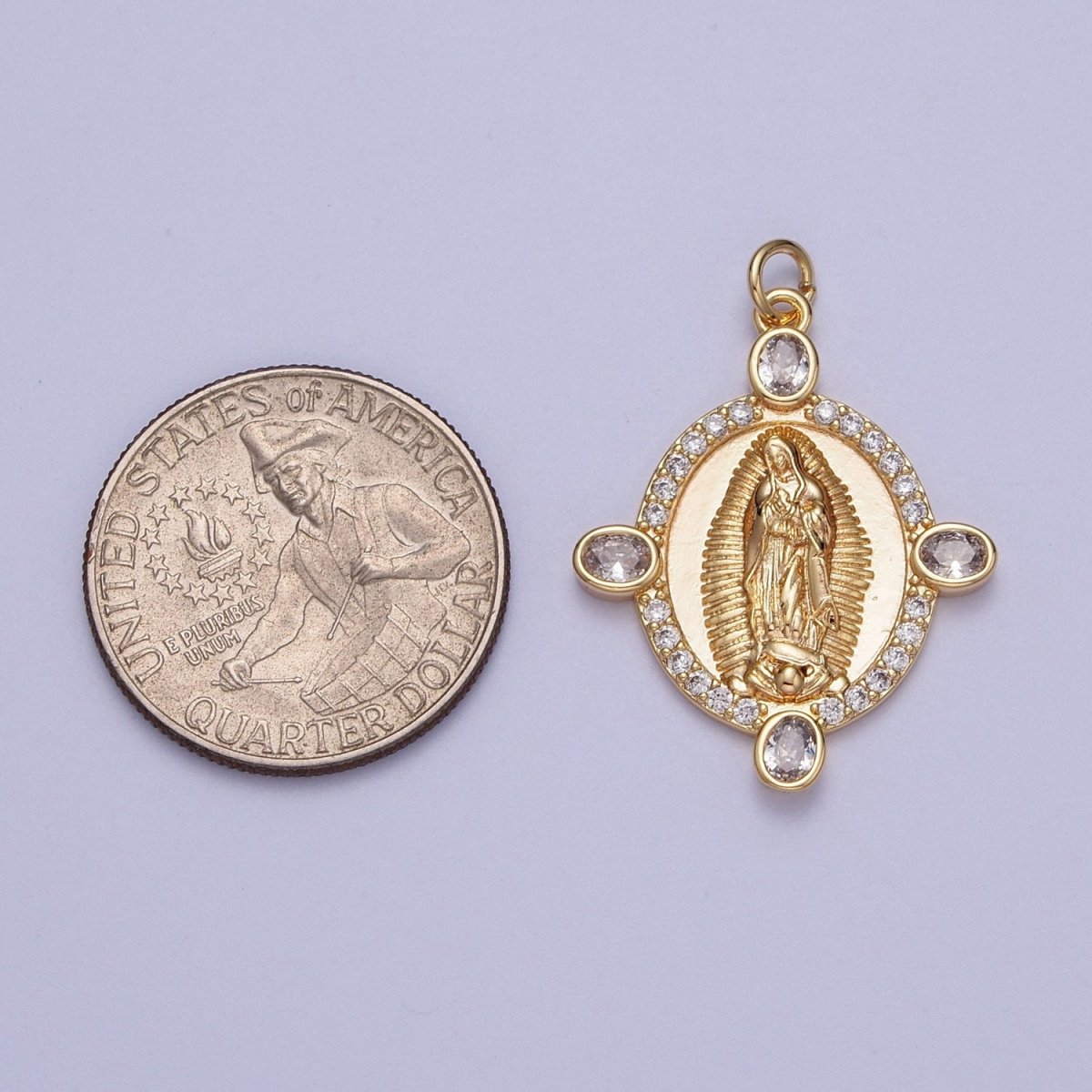 OS Gold Oval Medallion Lady Guadalupe Charm Micro Pave Virgin Mary Charm for Religious Catholic Jewelry Supply | X-779 - DLUXCA