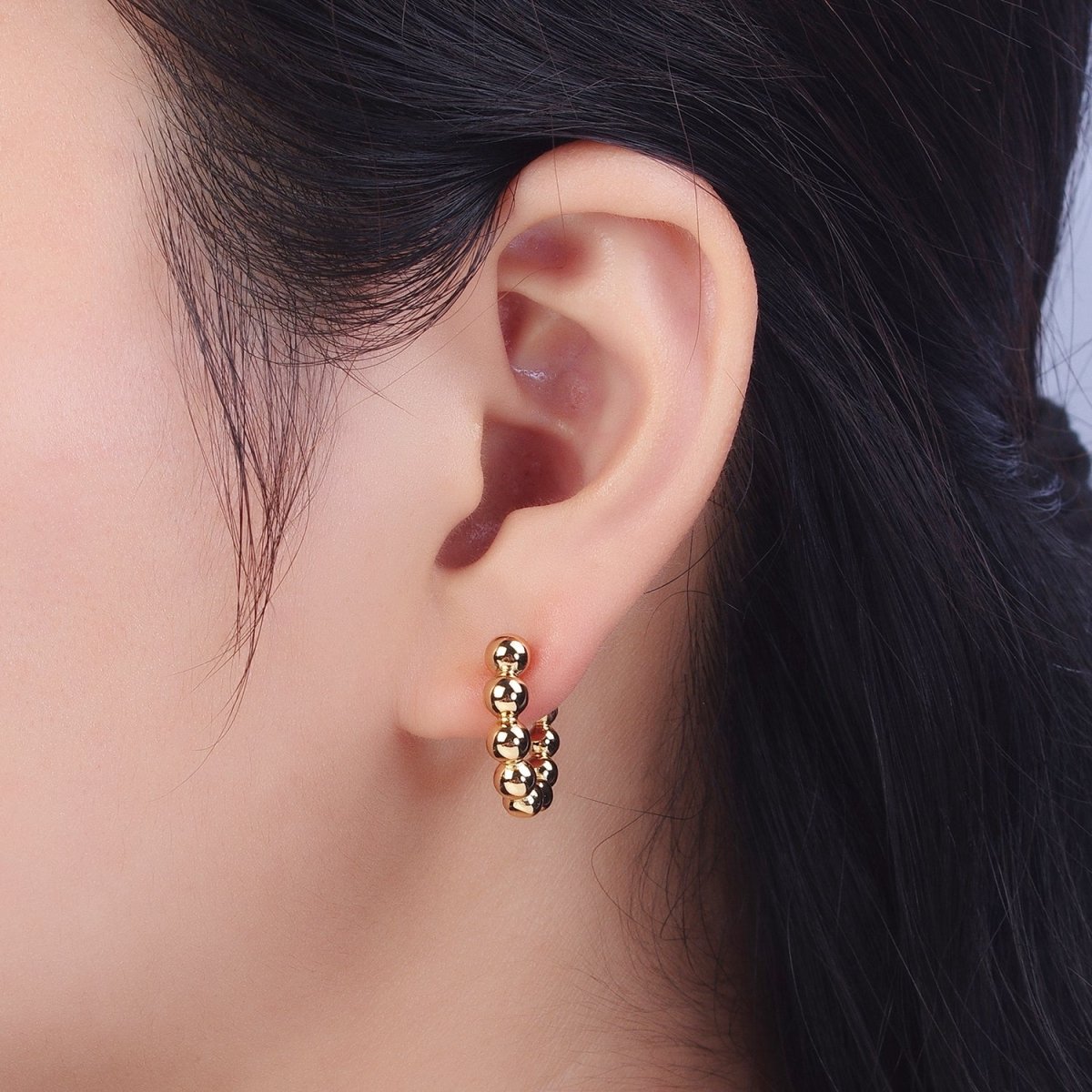 OS Gold Rounded Beaded Bubble Ball 20mm Huggie Hoop Earrings | V037 - DLUXCA
