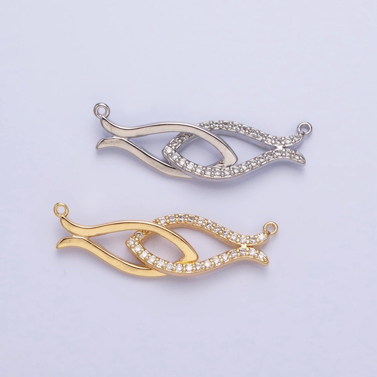 OS Gold, Silver Double Fish-Shaped Linked Micro Paved CZ Geometric Connector | AA835 AA836 - DLUXCA
