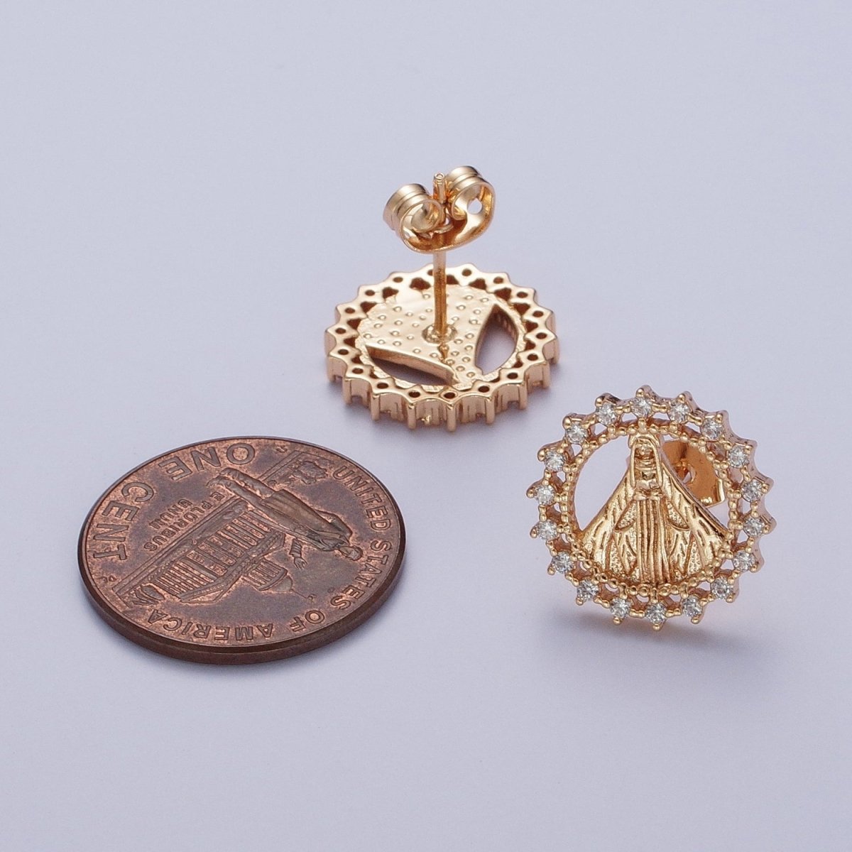 OS Gold Virgin Mary Stud Earring Sun Medallion Miraculous Lady Earring Catholic Religious Jewelry Gift AE-1049 - DLUXCA