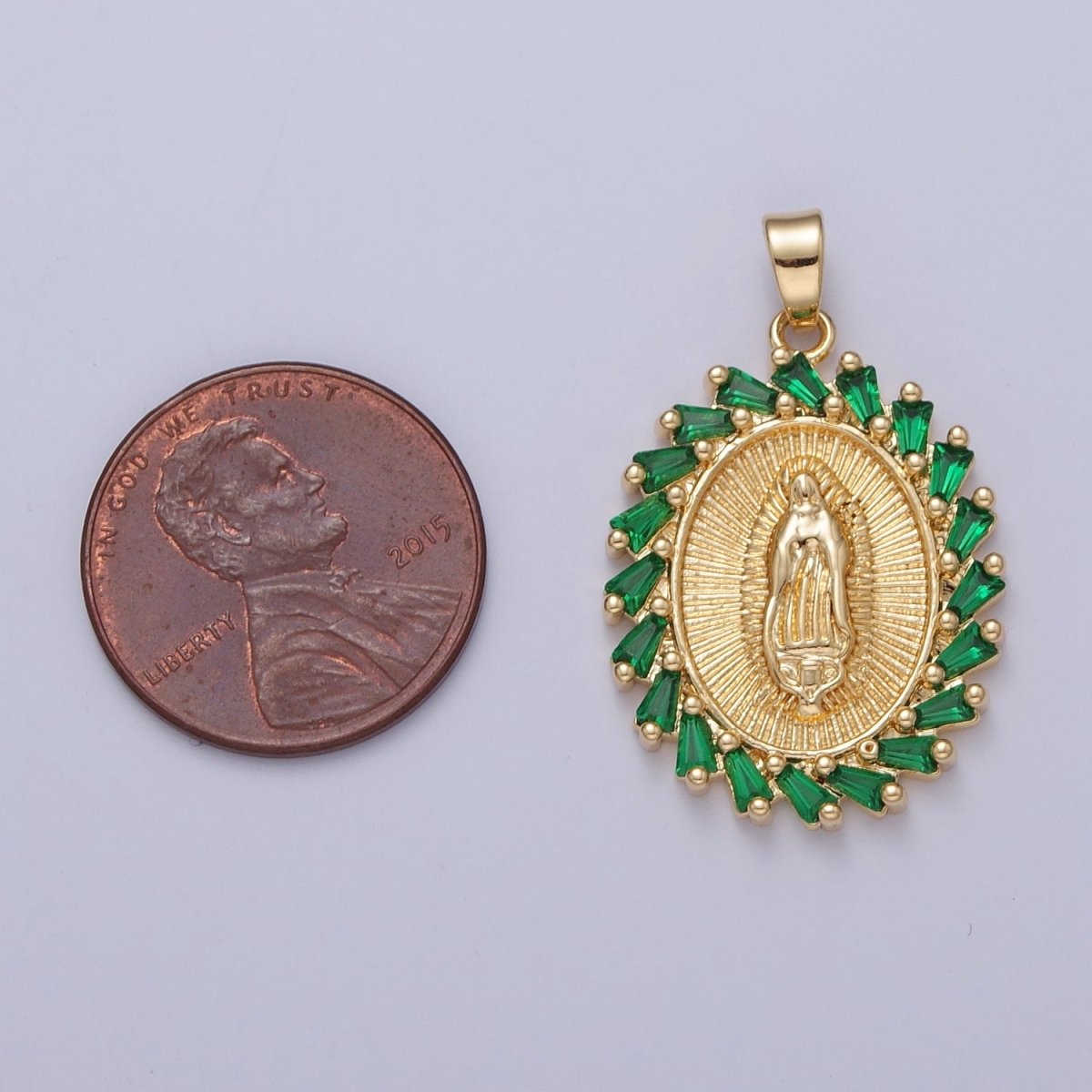 OS Green Emerald CZ Virgin Mary Necklace Gold Lady Guadalupe Pendant, Saint Necklace, Catholic Religious Jewelry X-323 - DLUXCA