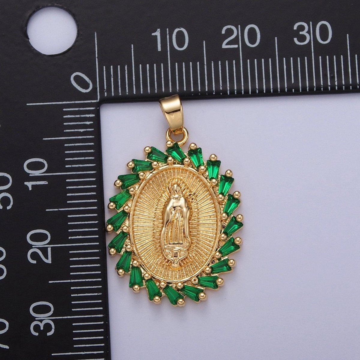 OS Green Emerald CZ Virgin Mary Necklace Gold Lady Guadalupe Pendant, Saint Necklace, Catholic Religious Jewelry X-323 - DLUXCA