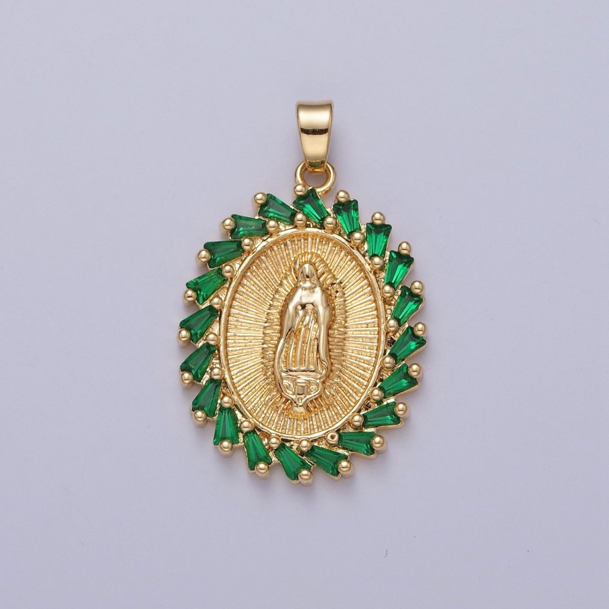 OS Green Emerald CZ Virgin Mary Necklace Gold Lady Guadalupe Pendant, Saint Necklace, Catholic Religious Jewelry X-323 - DLUXCA