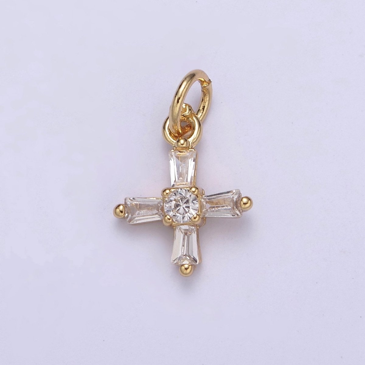 OS Mini Cross Charms with Baguette CZ 24k Gold Filled Cross Charms, Zircon Tiny Cross Charm, Religious Bracelet Necklace Earring add on Charm C-455 - DLUXCA