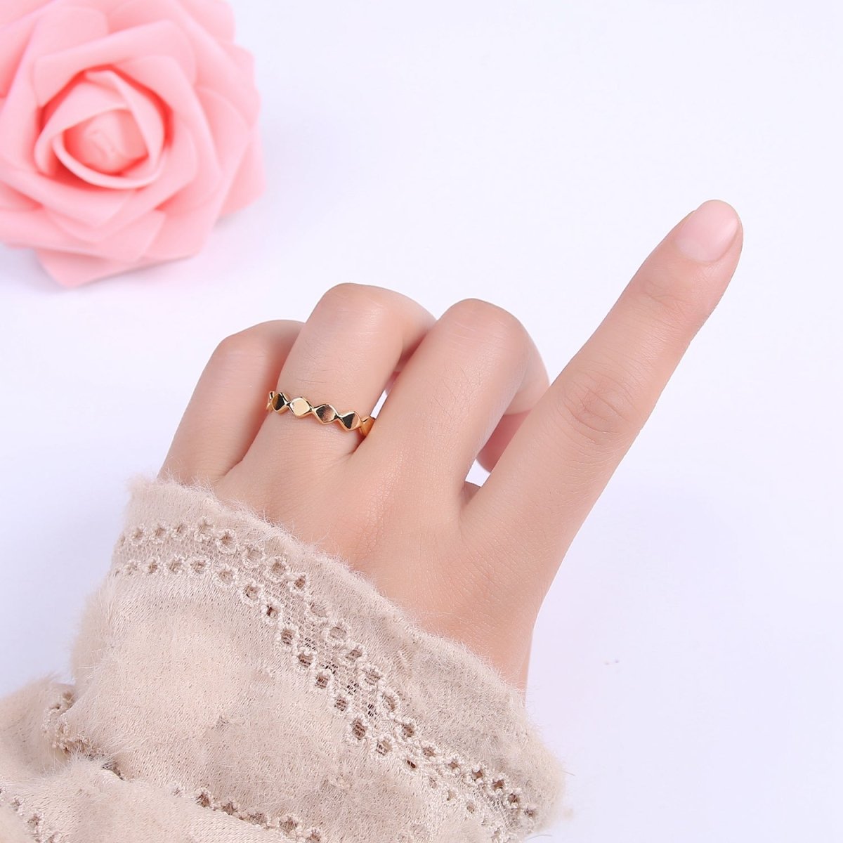 OS Minimalist Diamond Shaped Ring, Geometric Abstract Stacking Ring, Dainty 16K Gold Filled Shiny Gold Statement Adjustable Ring U-431 - DLUXCA
