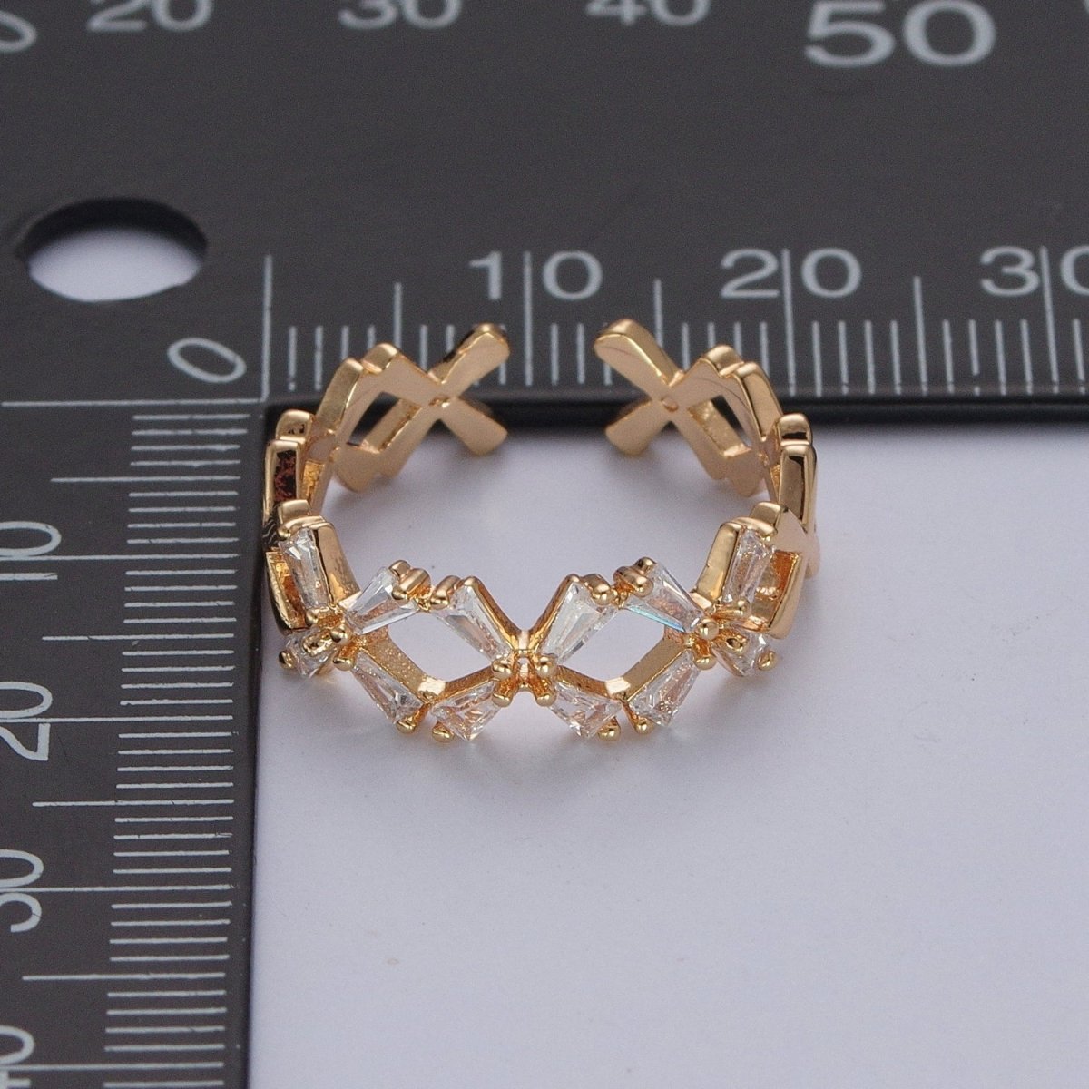 OS Minimalist Gold Baguette Cubic Zirconia Flower Adjustable Ring O-317 - DLUXCA