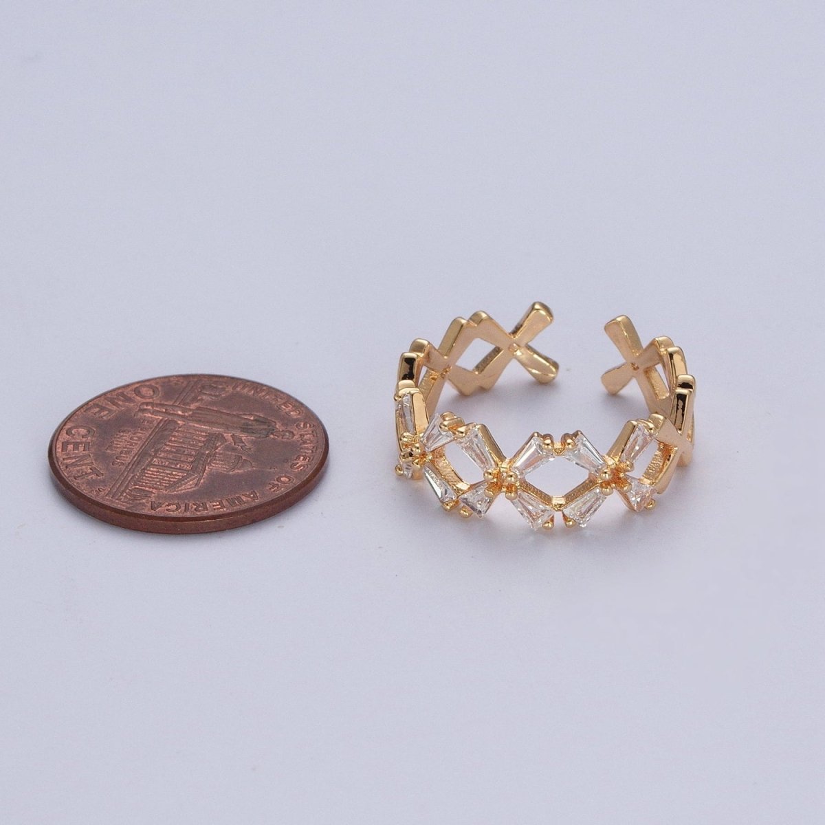 OS Minimalist Gold Baguette Cubic Zirconia Flower Adjustable Ring O-317 - DLUXCA