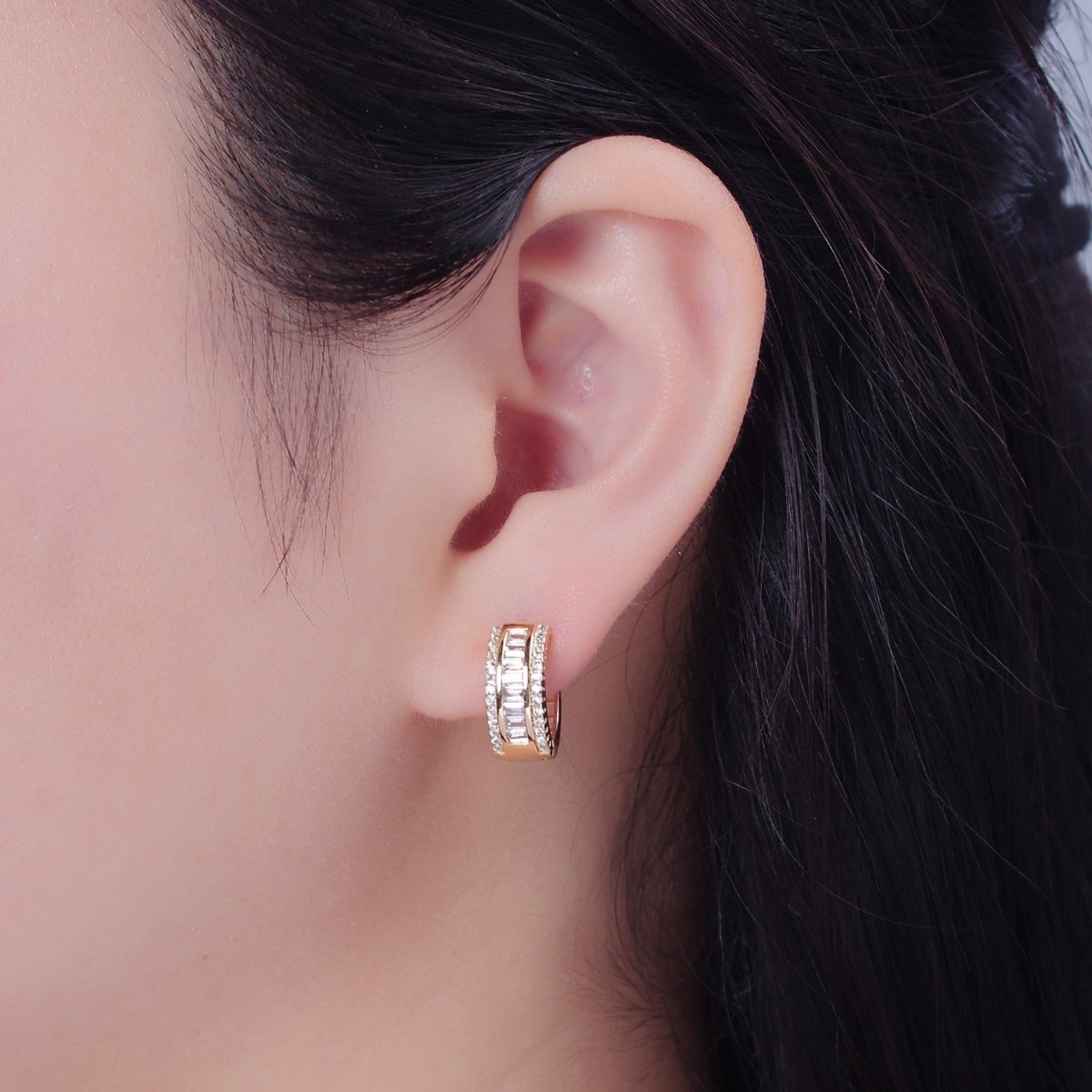 OS Mix Pave Baguette Cz Huggie Earring IN 16K Gold FilleD T-437 - DLUXCA