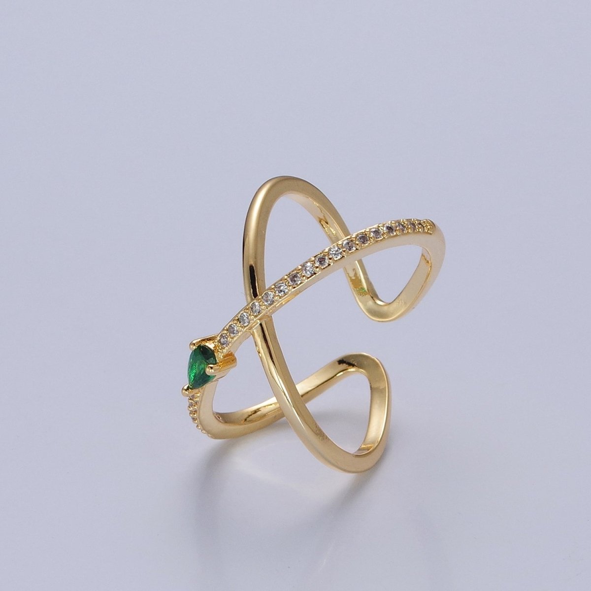 OS Pave X Ring Gold Criss Cross CZ Diamond Ring Minimalist Jewelry Mini Green Tear Drop Double Band Ring O-2228 - DLUXCA