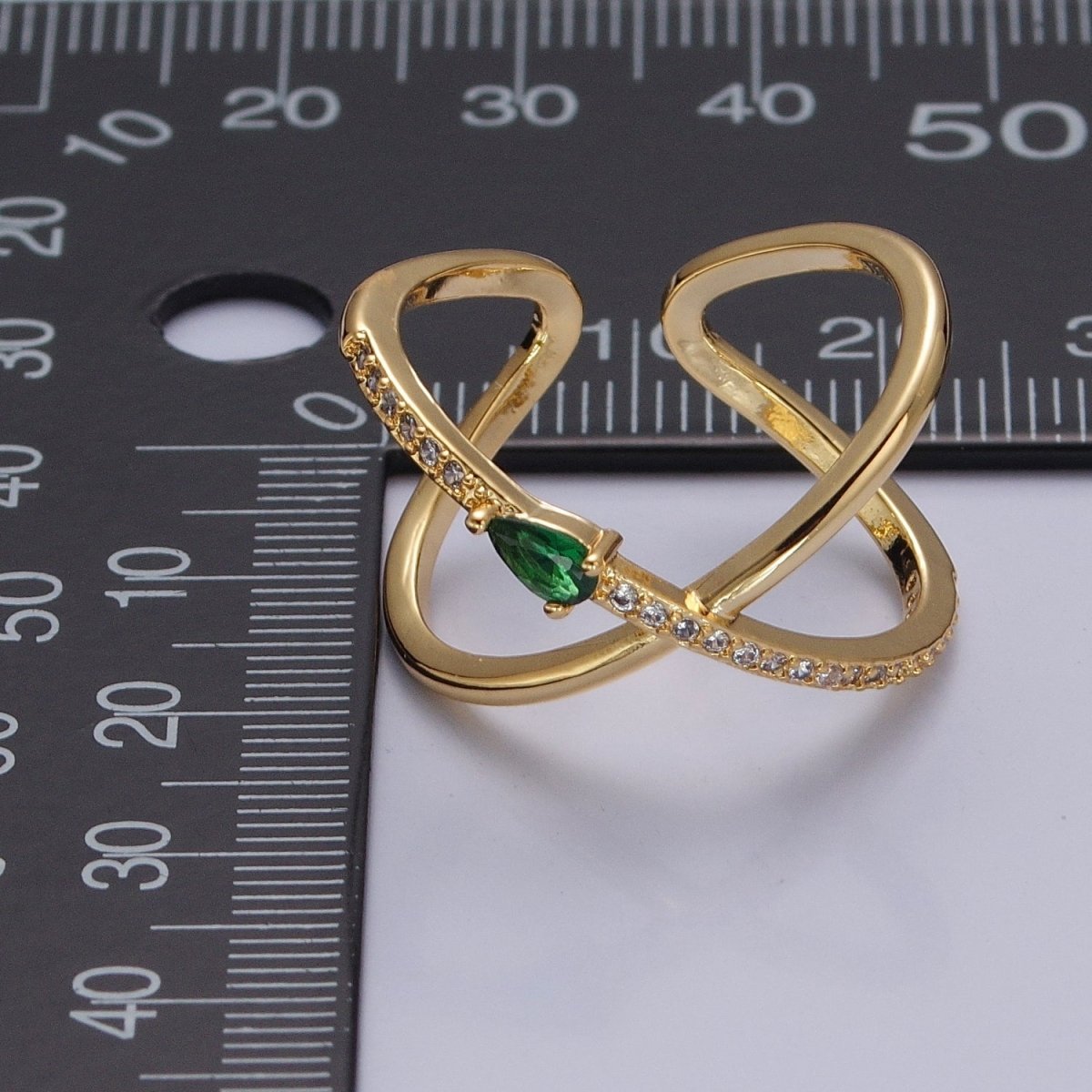 OS Pave X Ring Gold Criss Cross CZ Diamond Ring Minimalist Jewelry Mini Green Tear Drop Double Band Ring O-2228 - DLUXCA