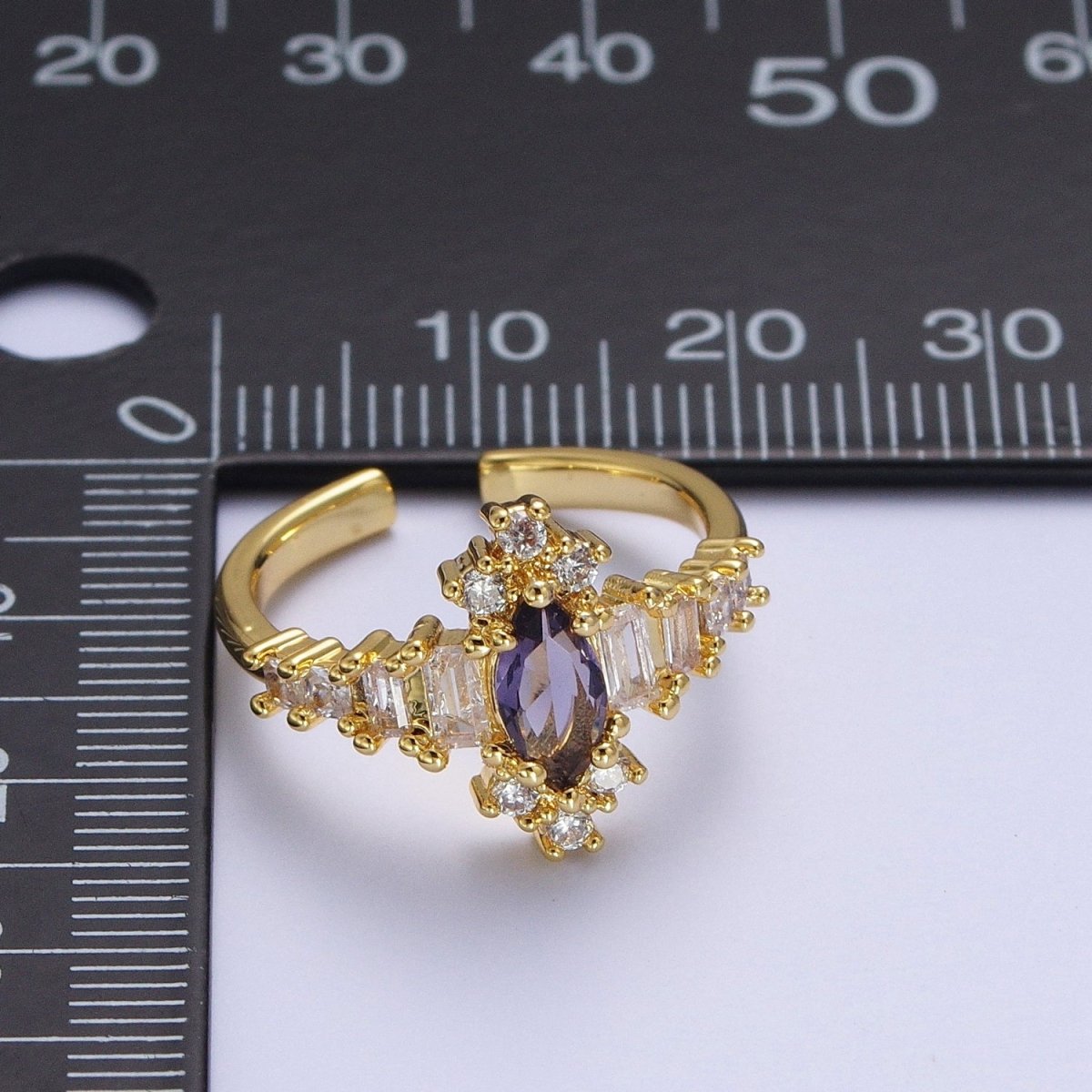 OS Purple Amethyst Marquise & Clear Baguette Cubic Zirconia Gold Adjustable Ring S-384 - DLUXCA