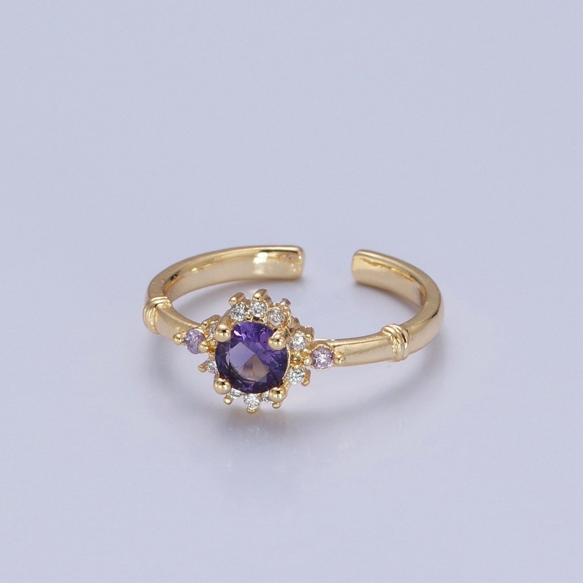 OS Purple CZ Gold Sun Ring Clear Pave Ring Celestial Jewelry O-756 - DLUXCA