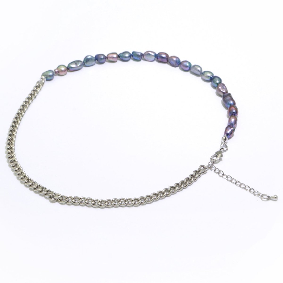 OS Rainbow Peacock Fresh Water Baroque Pearl Silver Curb Chain Link Necklace Unisex Jewelry | WA-267 Clearance Pricing - DLUXCA